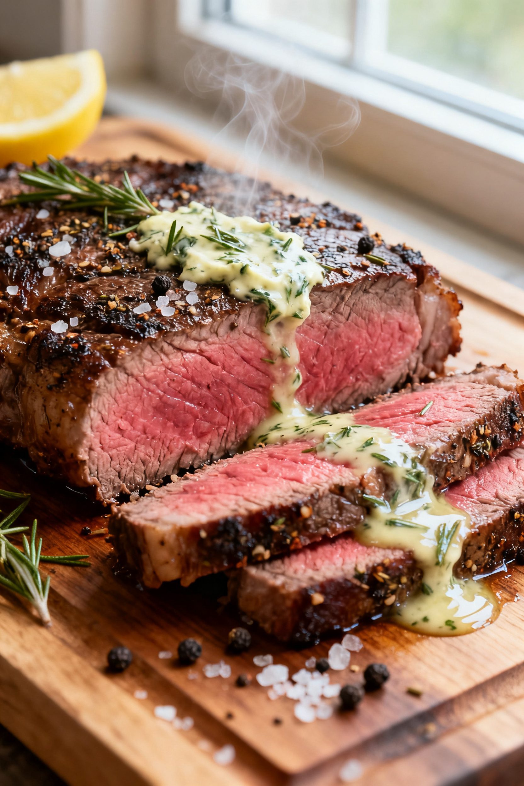 Close-up detail: Sliced medium-rare air fryer ribeye resting on a wooden board, deep pink center (13