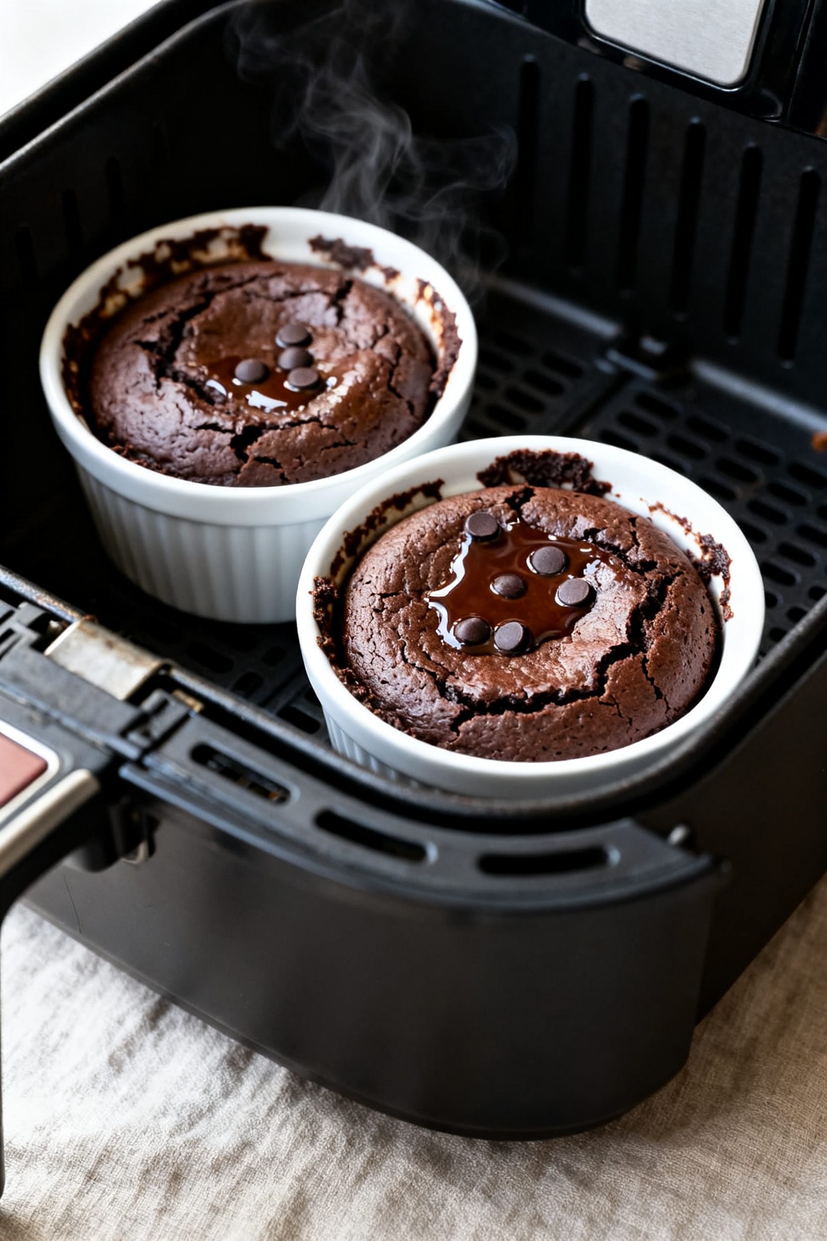 Close-up detail: Two just-air-fried brownies in white 6–8 oz ramekins resting in an air fryer bask