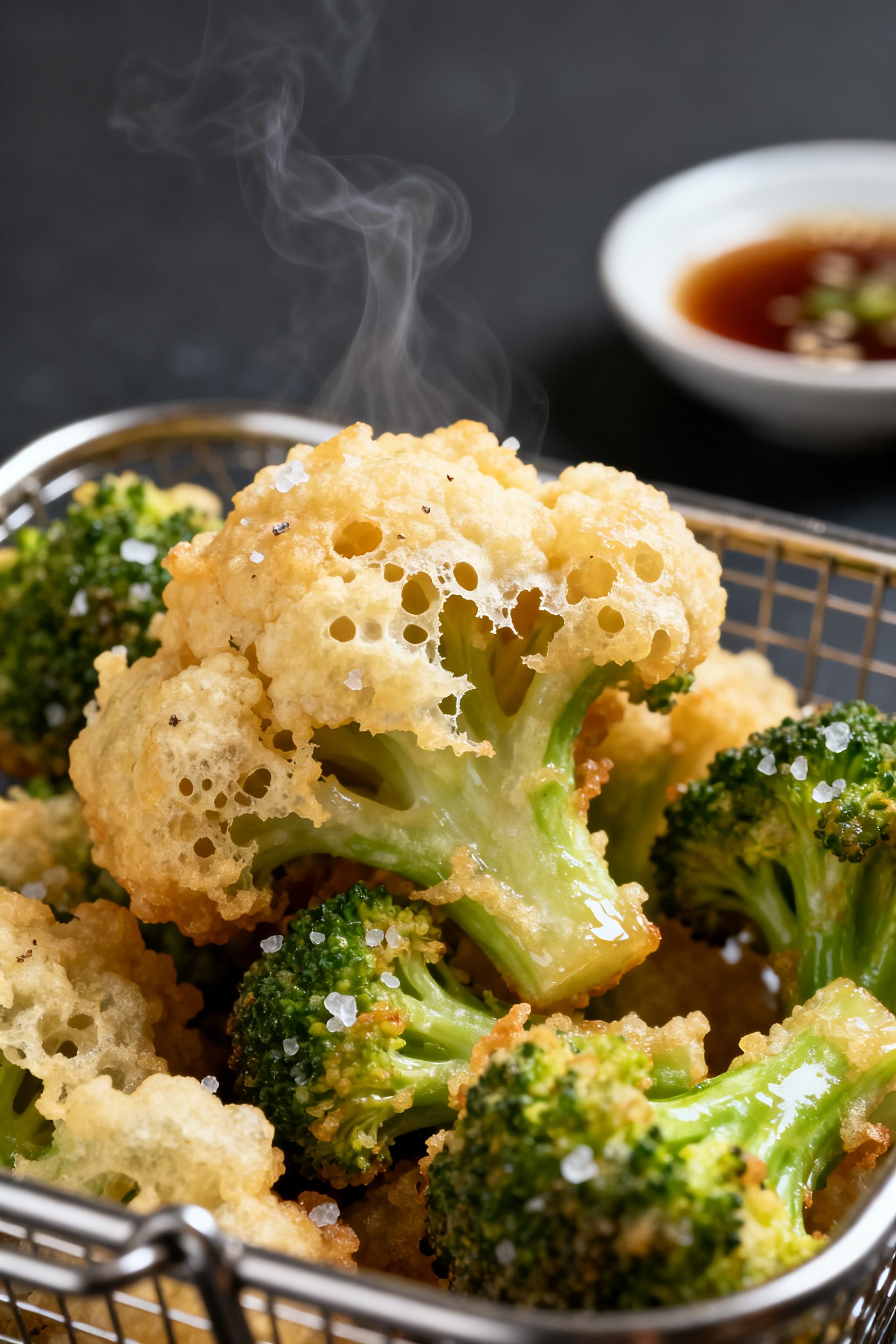 Close-up detail: Ultra-crisp air fryer broccoli tempura just out of the basket, pale-golden craggy b