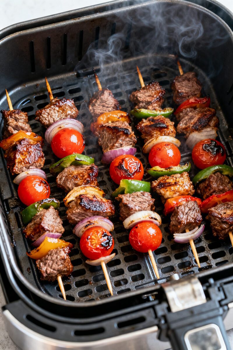 Cooking process: Air fryer basket at 400°F mid-cook, overhead shot of kabobs arranged in a single l
