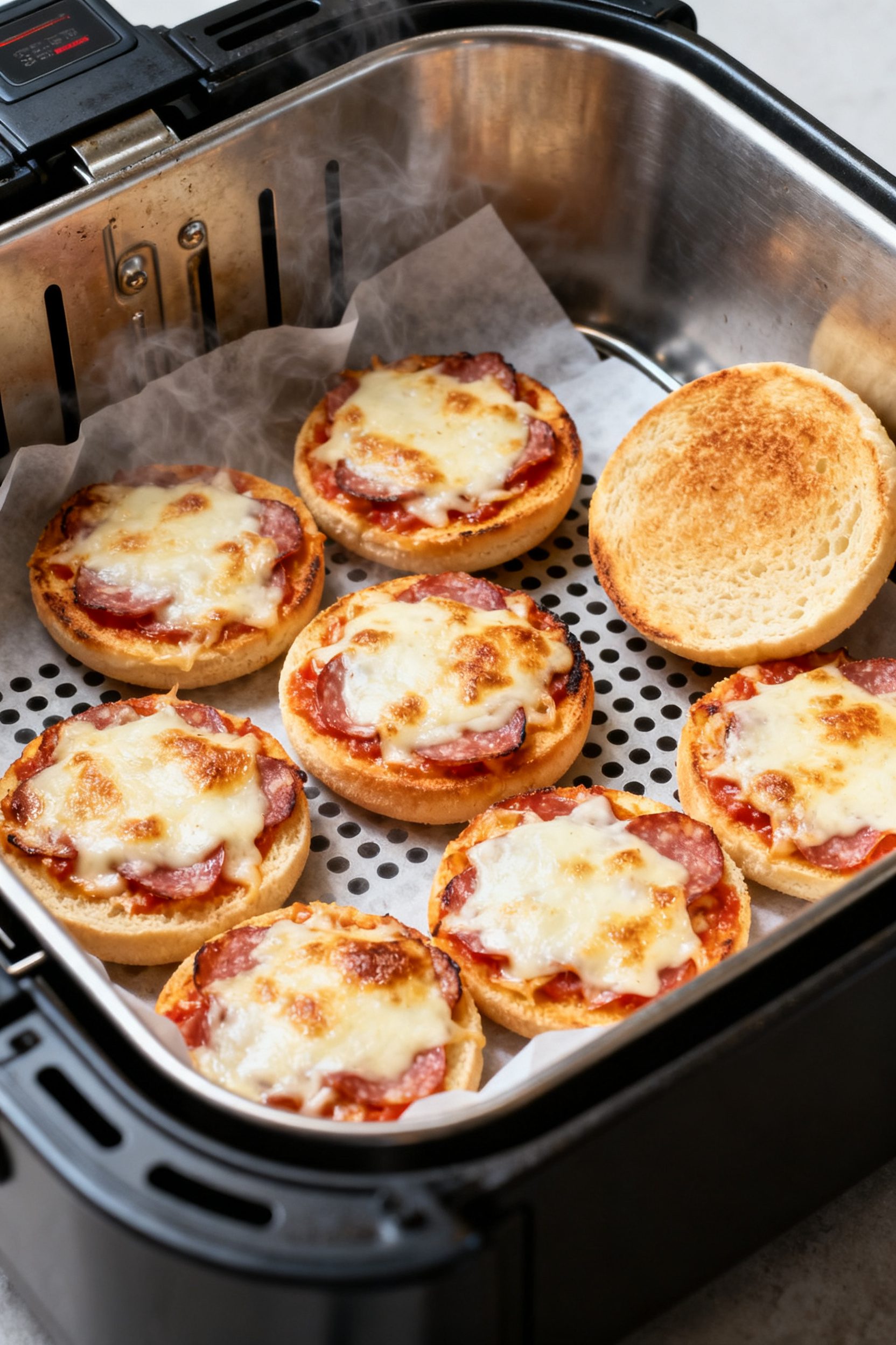 Cooking process: Air fryer basket scene with a single layer of assembled English muffin pizzas mid-c