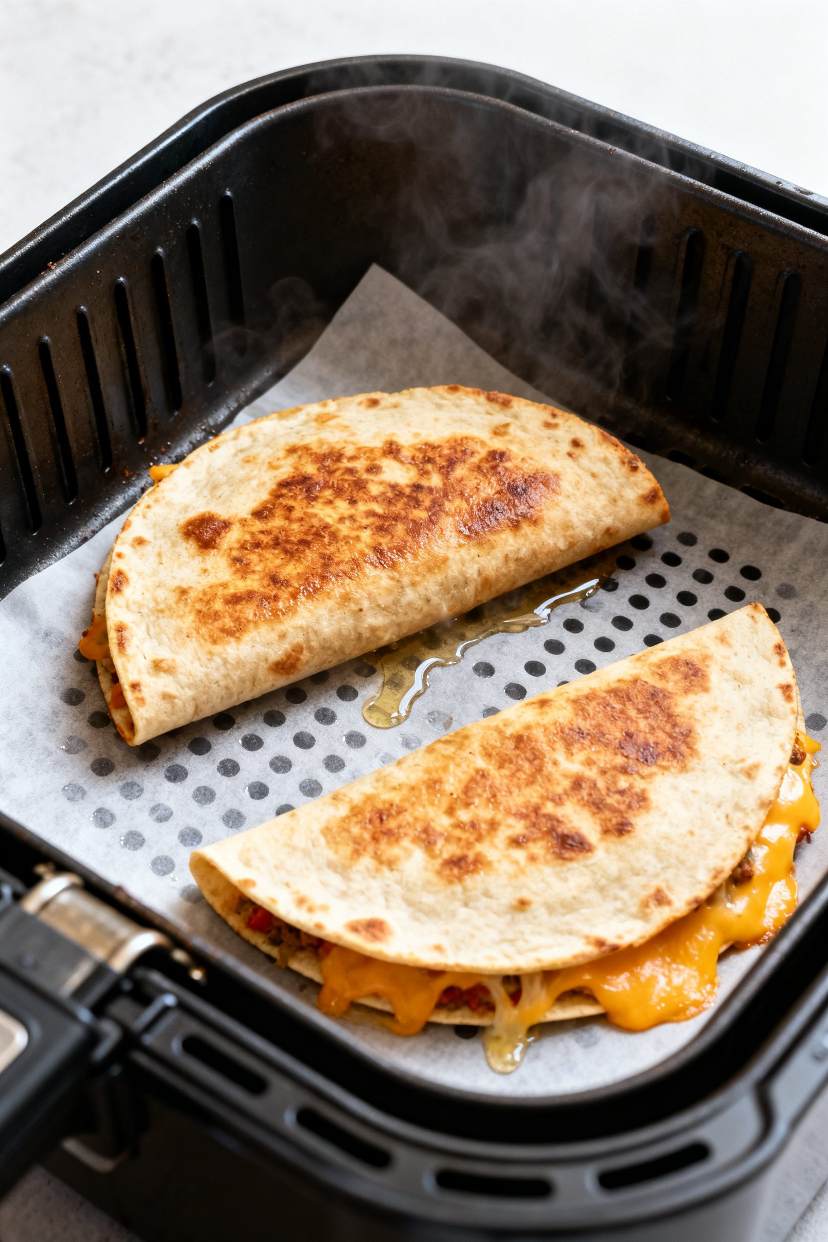Cooking process: Air fryer basket scene with two half-moon quesadillas mid-cook, one just flipped to