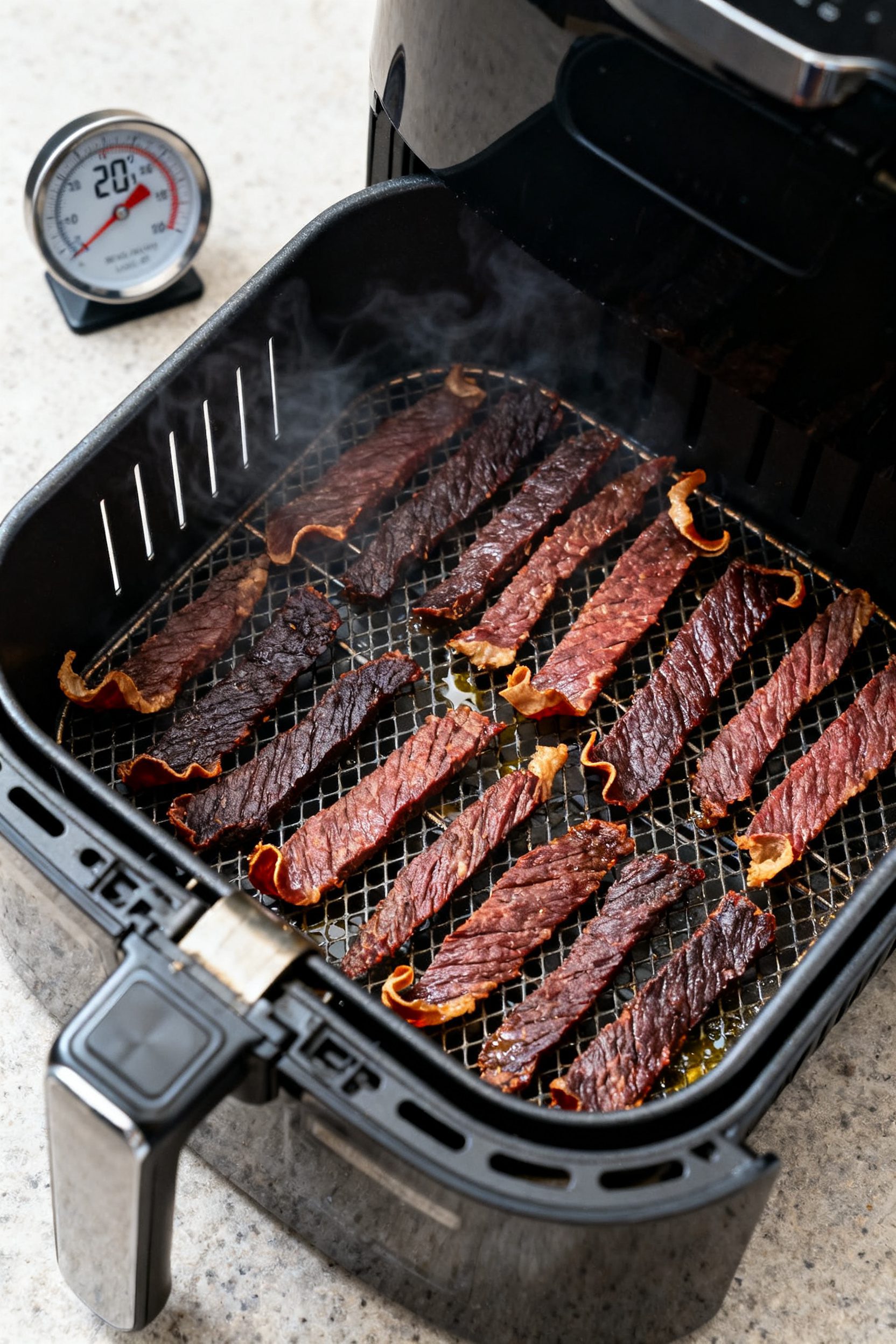 Cooking process: Air fryer basket with a single layer of evenly spaced beef jerky strips mid-dry at