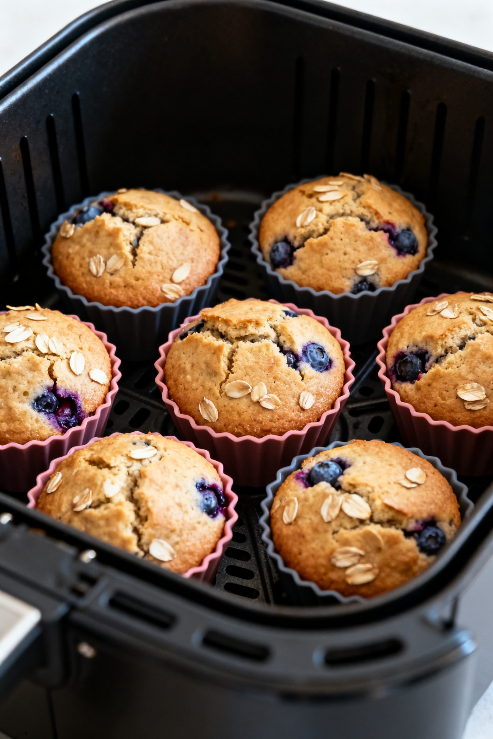 Cooking process — Air fryer muffins baking in silicone cups: close-up through an open air fryer ba