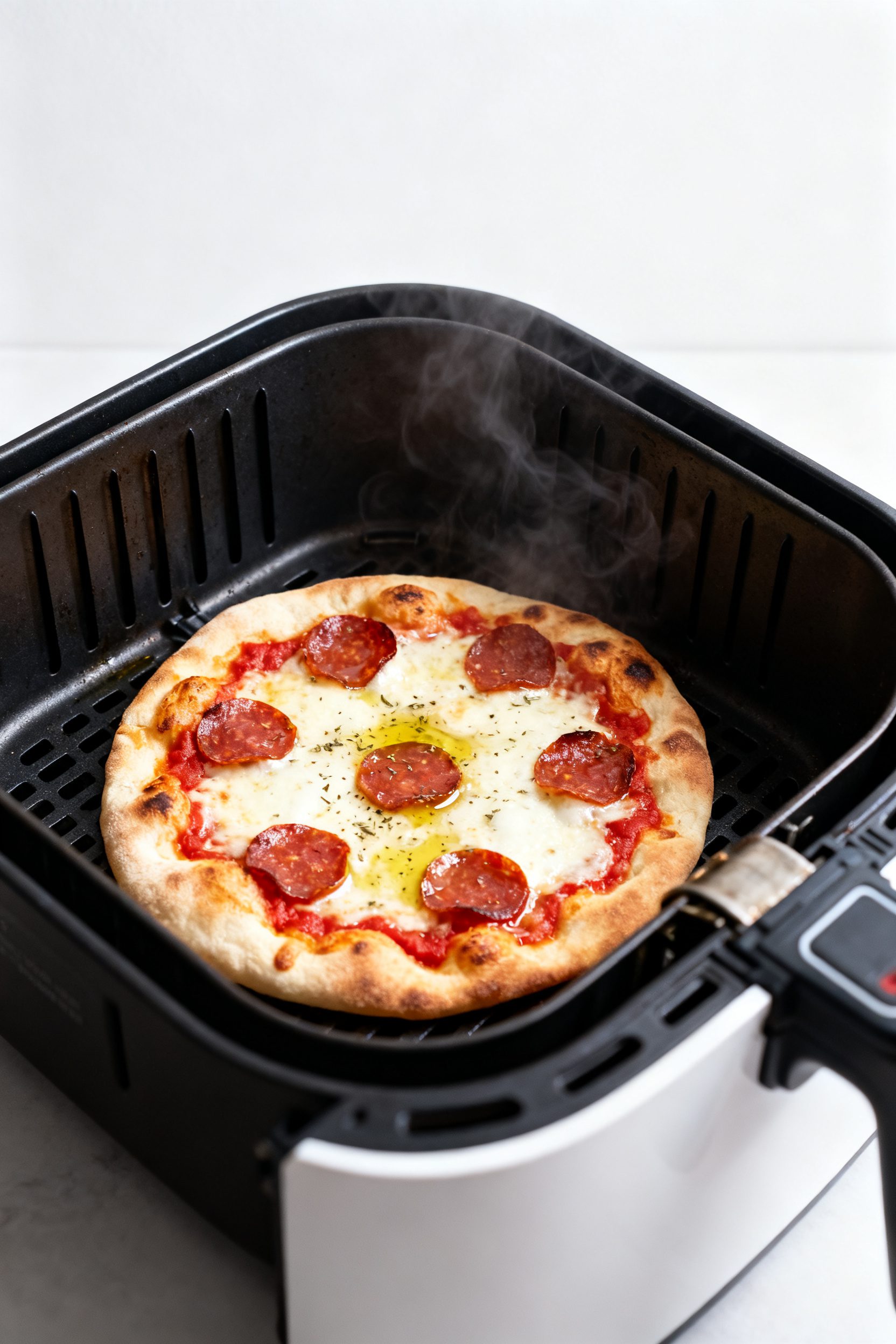 Cooking process — Air fryer naan pizza mid-cook: a single naan pizza in an open, preheated air fry