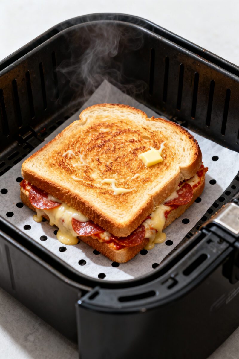 Cooking process: Air Fryer Pizza Sandwich mid-cook inside an open air fryer basket at 370°F, first