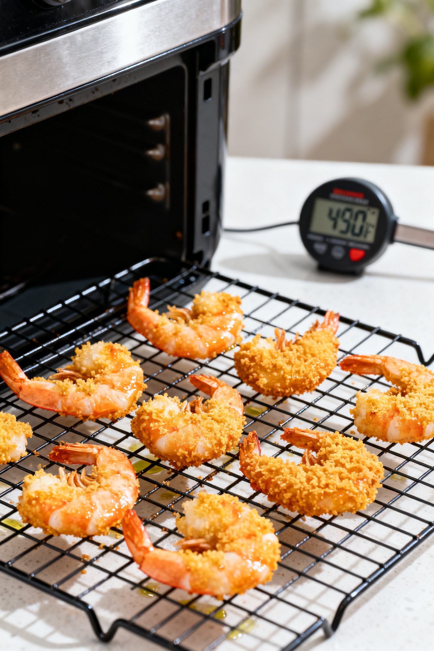 Cooking process: Butterfly shrimp mid-cook in the preheated air fryer at 390°F, arranged in a singl