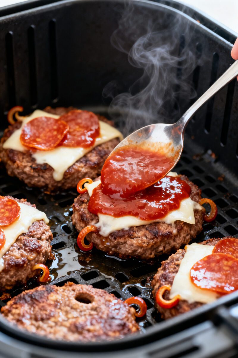 Cooking process close-up: Air-fried beef patties at the flip stage in a preheated 375°F air fryer b