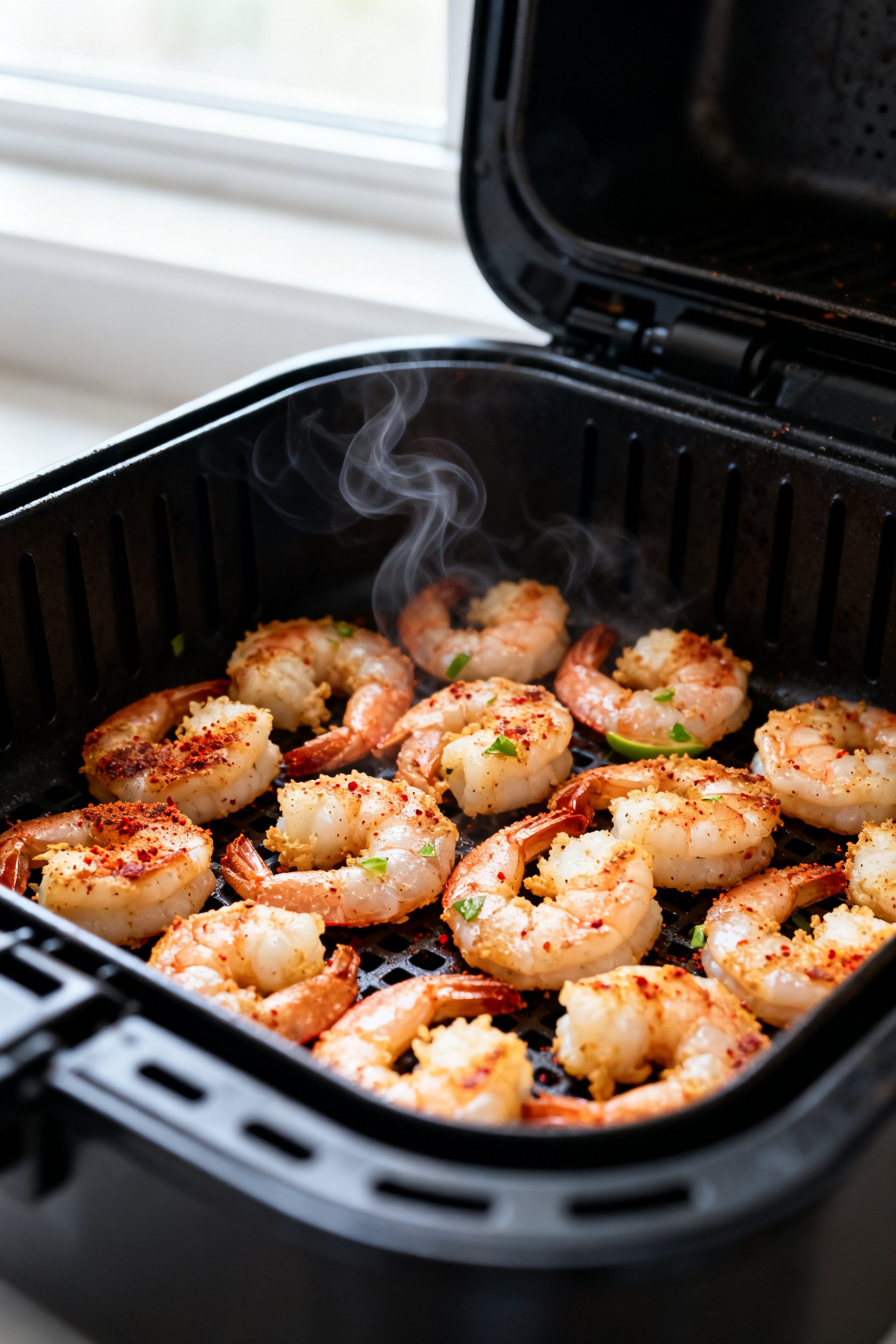 Cooking process close-up: Air-fried shrimp just finished at 400°F, arranged in a single layer in th