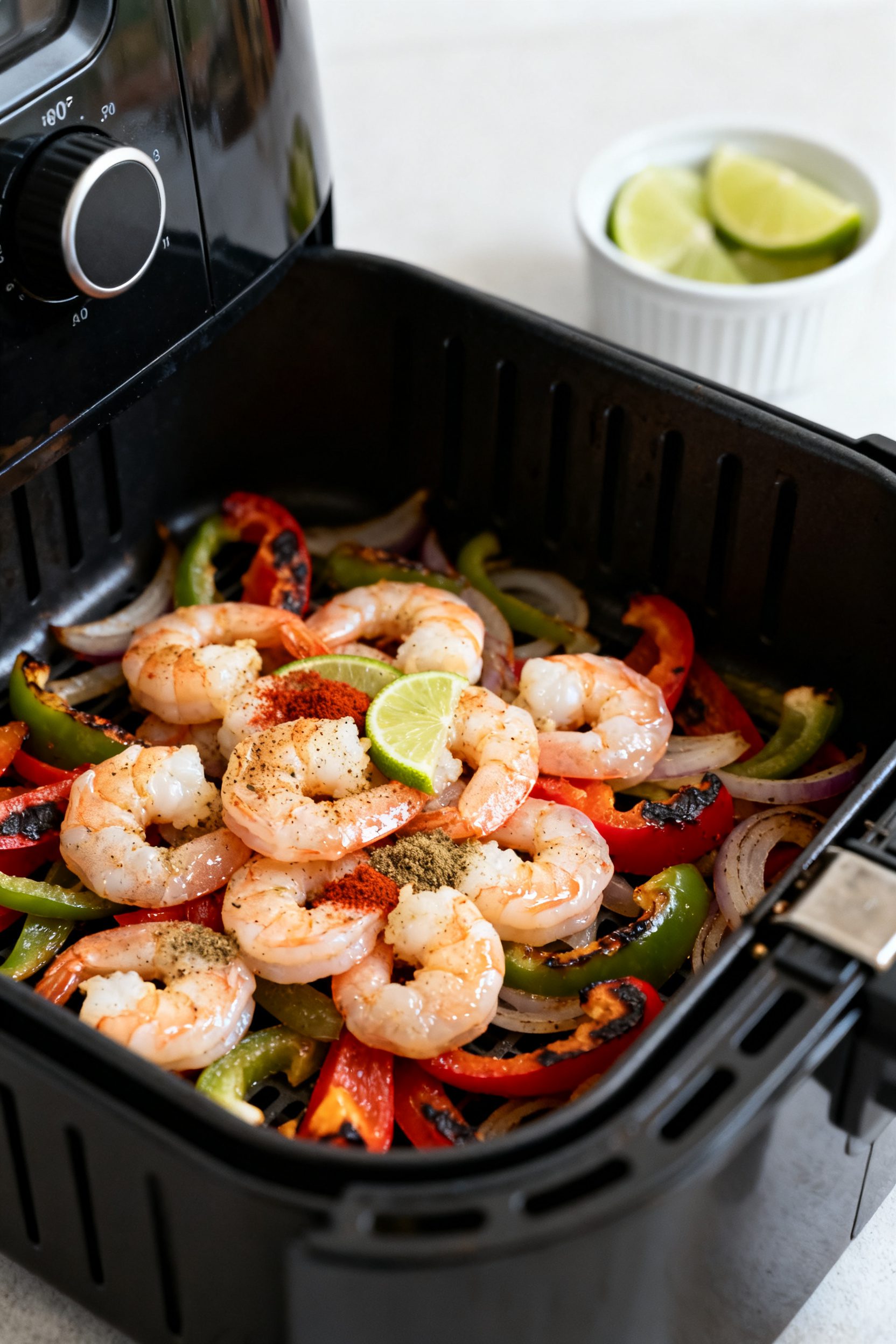 Cooking process close-up: Air fryer basket open at 390°F showing cooked peppers and onions with cha