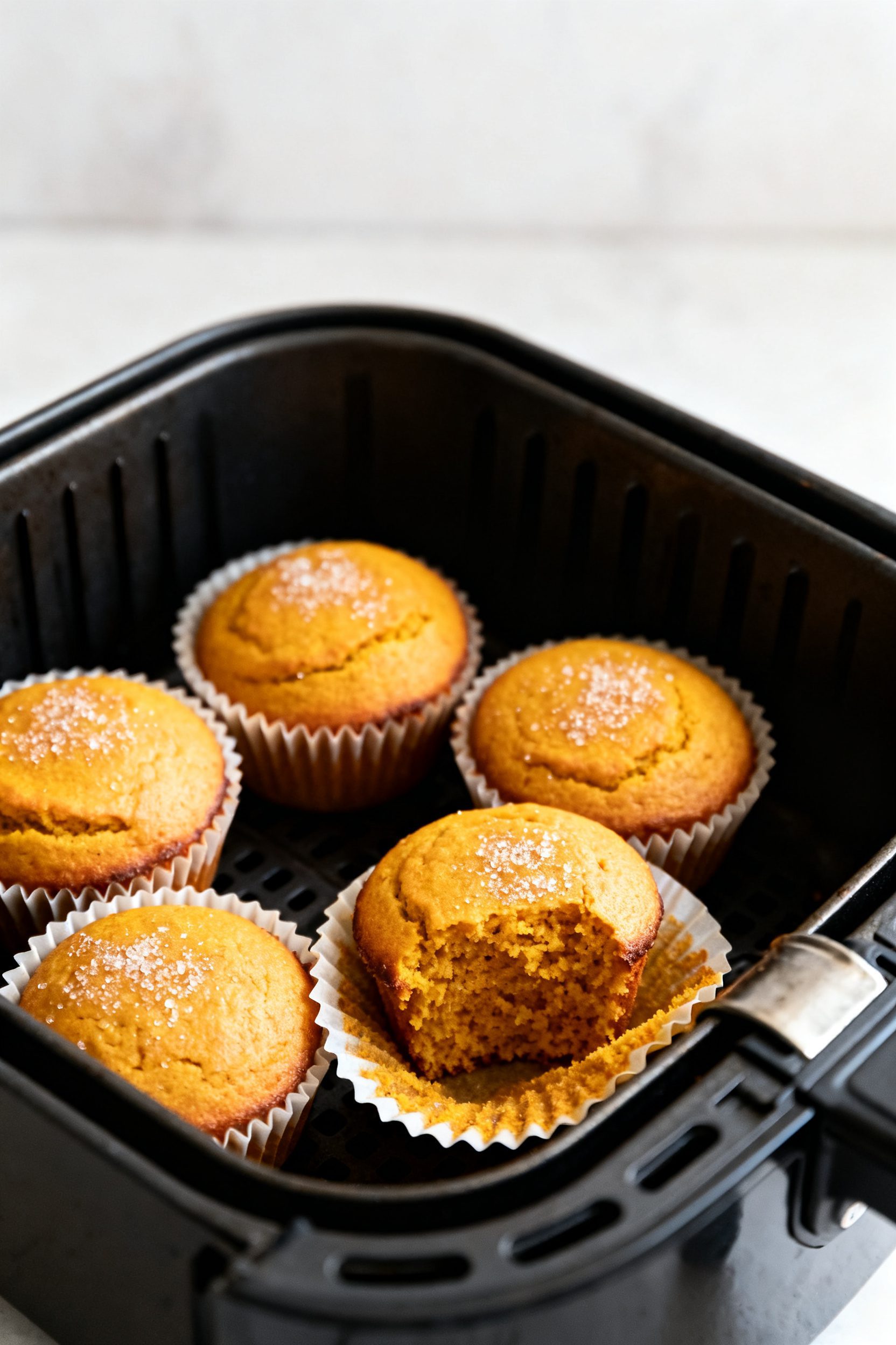 Cooking process, close-up: Air fryer basket with six pumpkin muffins in silicone cups, midway throug