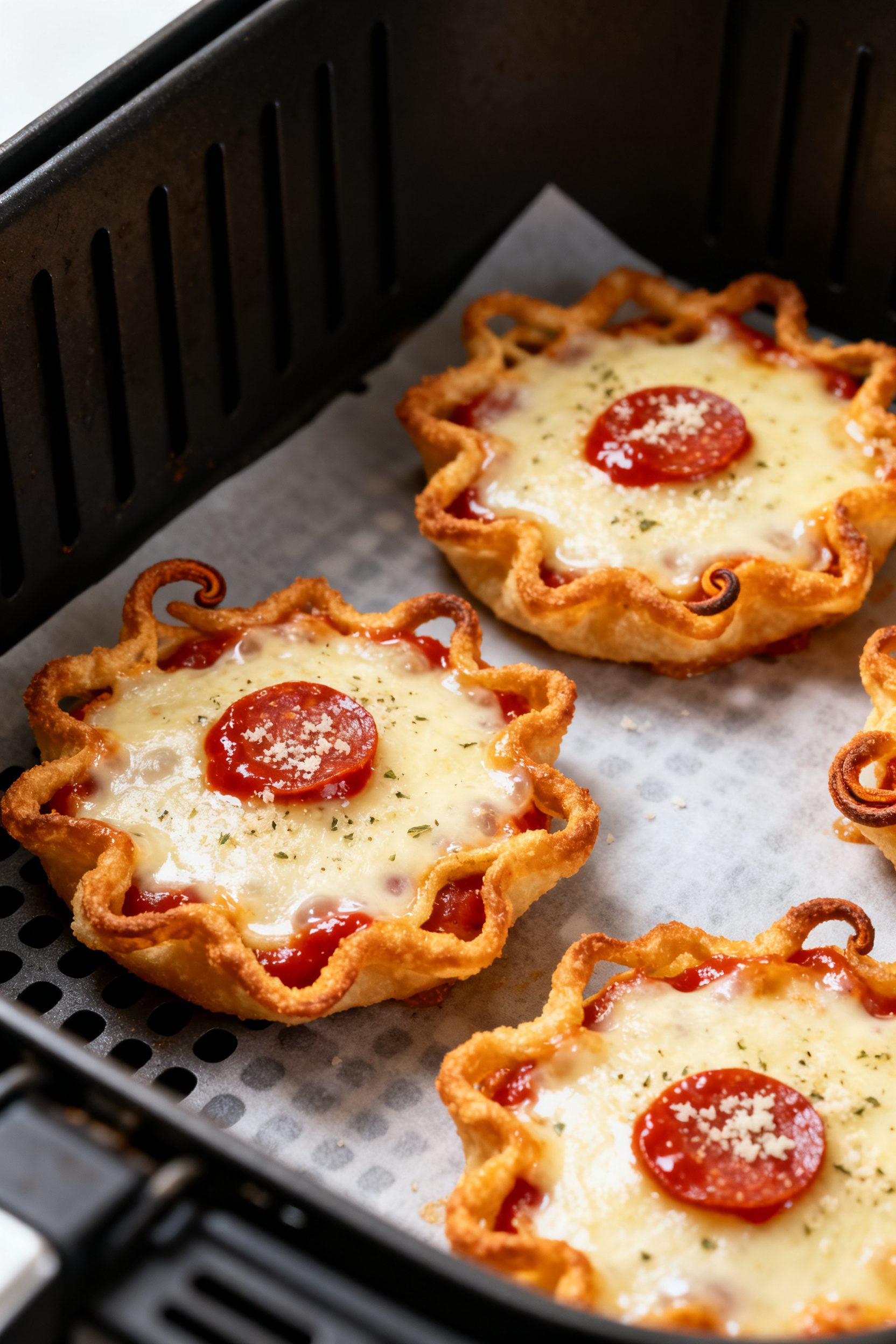 Cooking process close-up: Air fryer basket with small 2-inch pools of melted, bubbling mozzarella fo