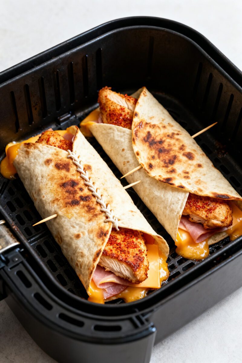 Cooking process close-up: Air fryer basket with two seam-side-down chicken, ham, and Swiss cheese wr