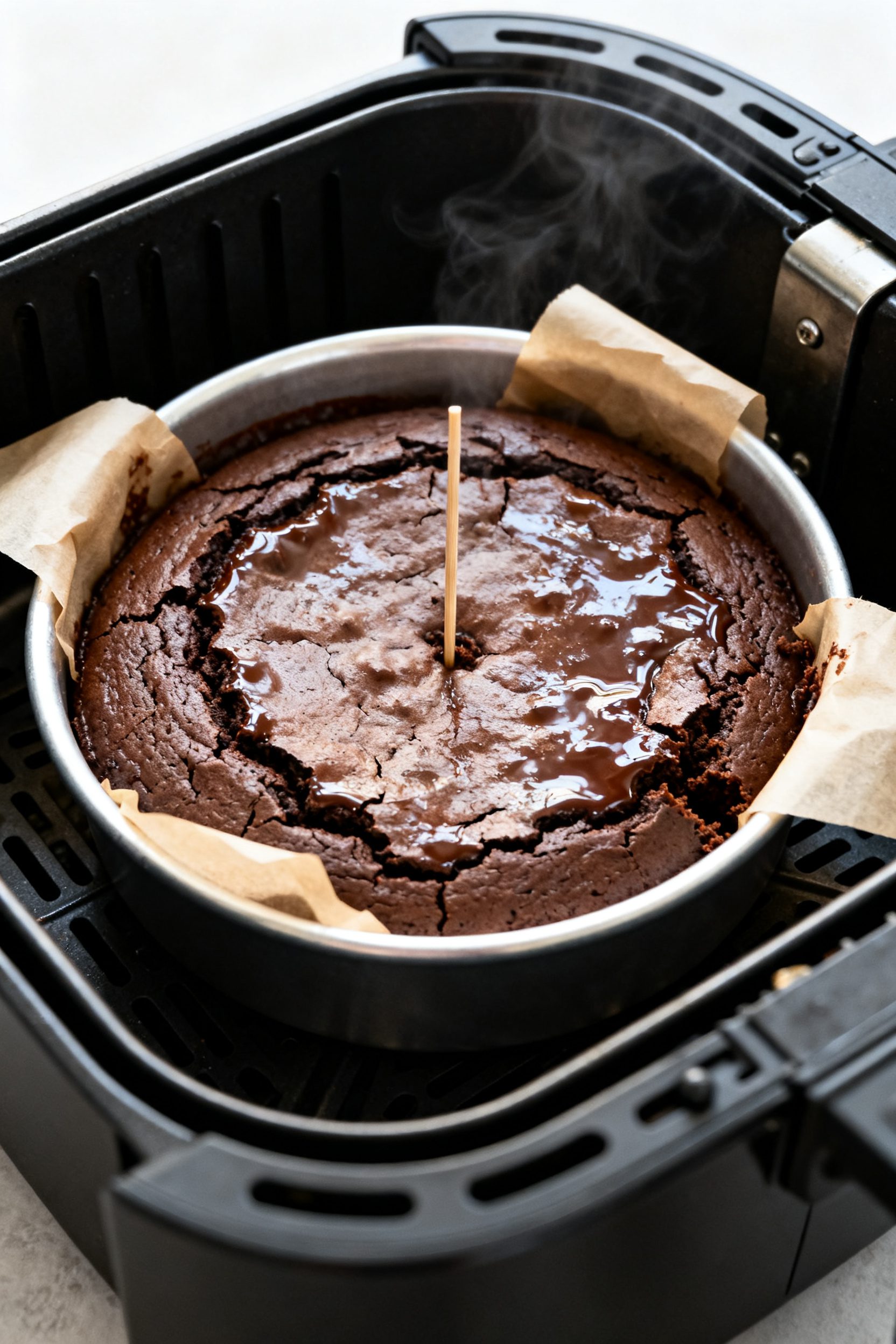 Cooking process close-up: An 8-inch metal pan of air-fried brownies inside an open air fryer basket