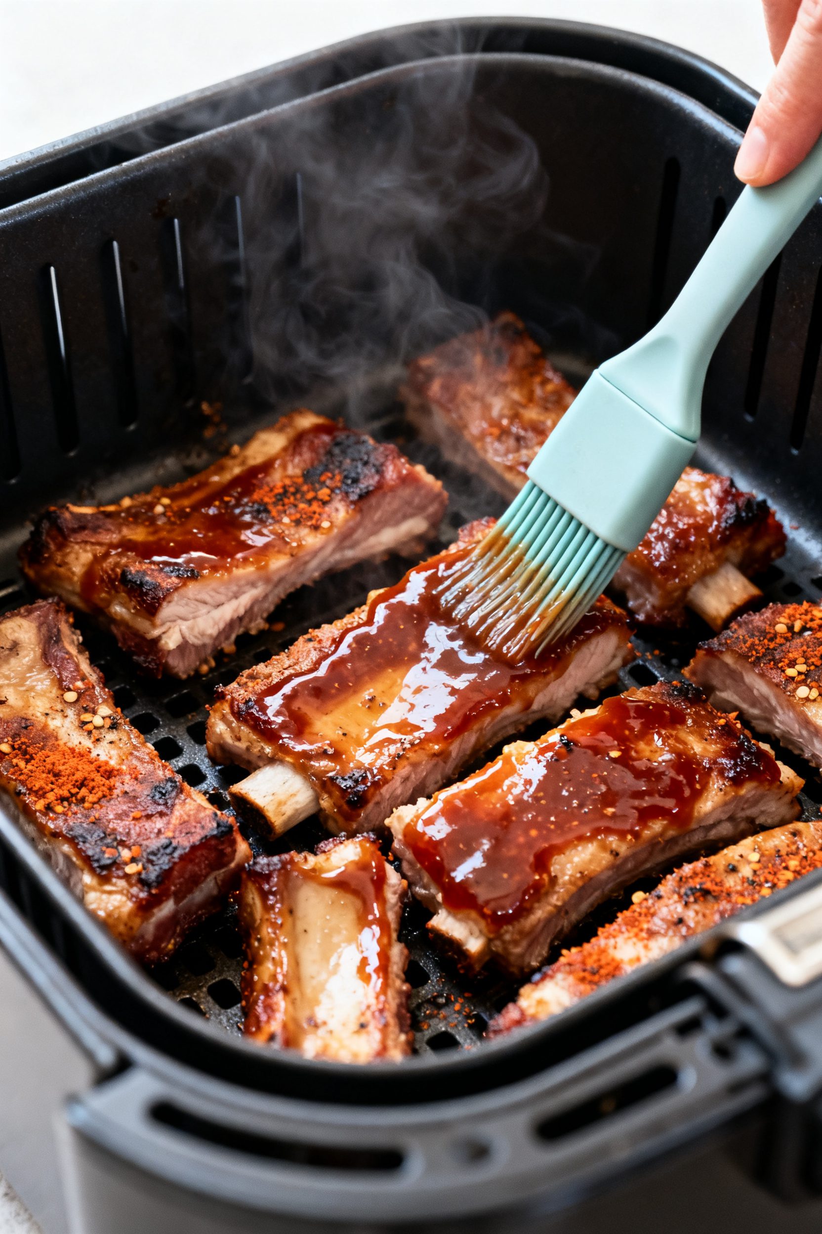 Cooking process close-up: Boneless pork ribs sizzling in an air fryer basket at 375°F, edges beginn