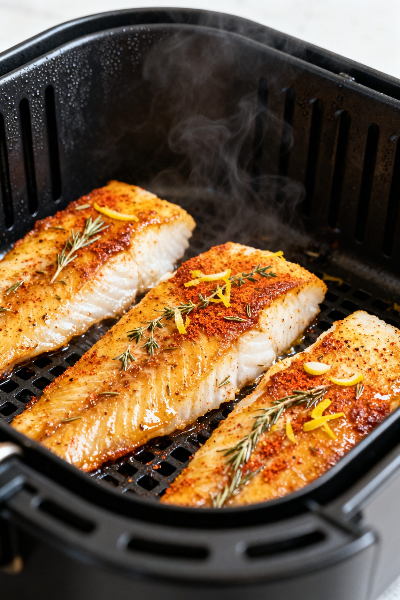 Cooking process close-up: Golden air-fryer cod fillets mid-cook in a preheated basket at 390°F, lig