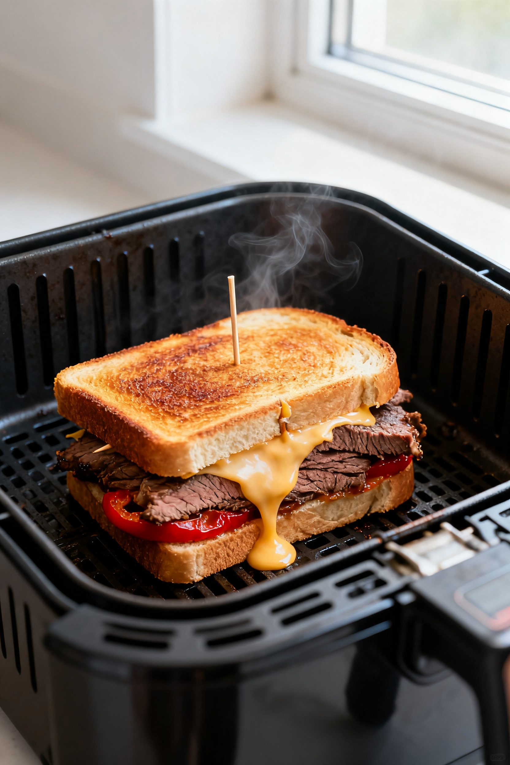 Cooking process: Inside an air fryer basket, the assembled roast beef sandwich mid-cook, flipped onc