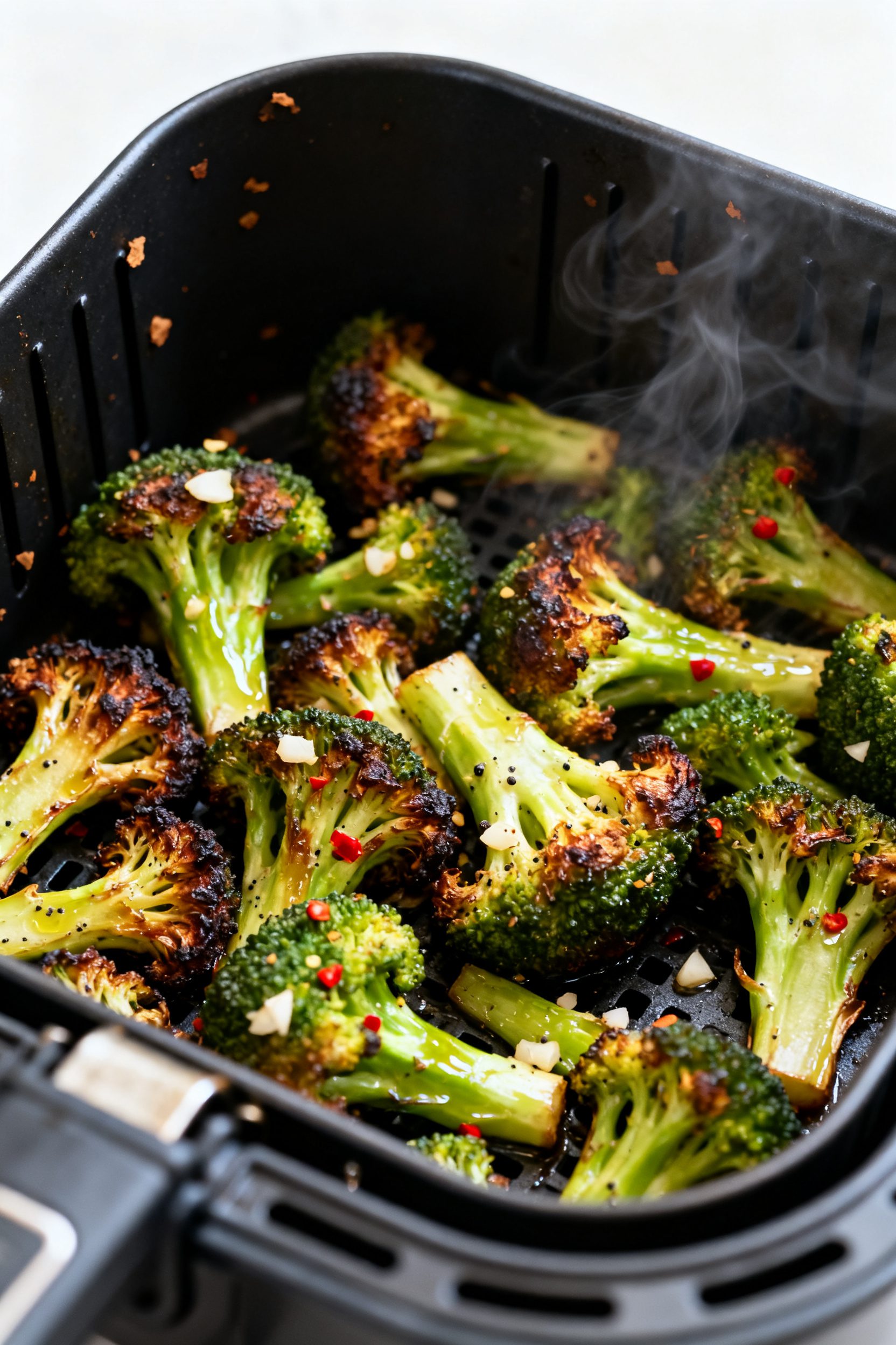 Cooking process, mid-air-fry action: Close-up of air-fried broccoli florets in an open air fryer bas