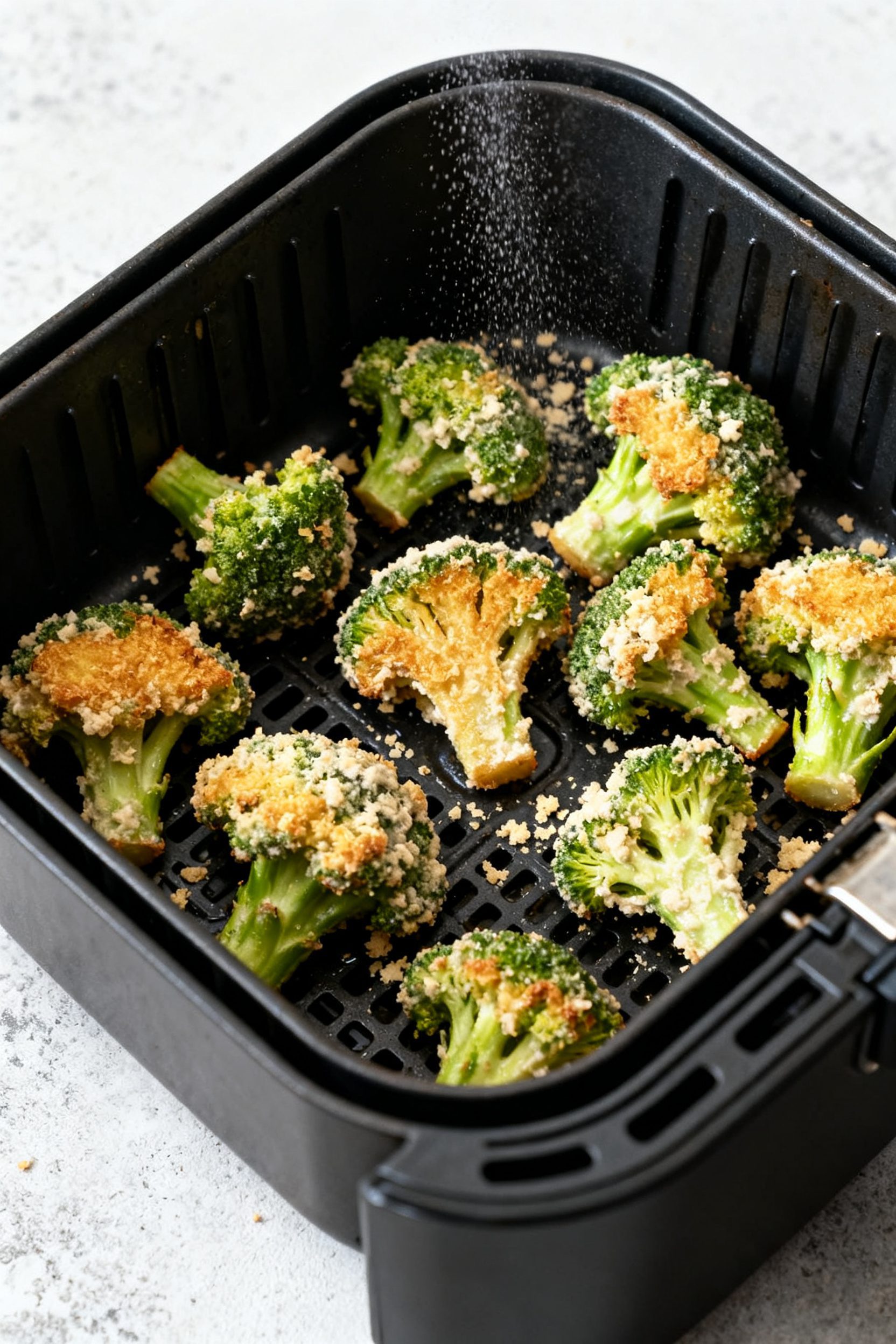 Cooking process: Mid-batch flip inside an air fryer basket at 390–400°F—battered broccoli flore