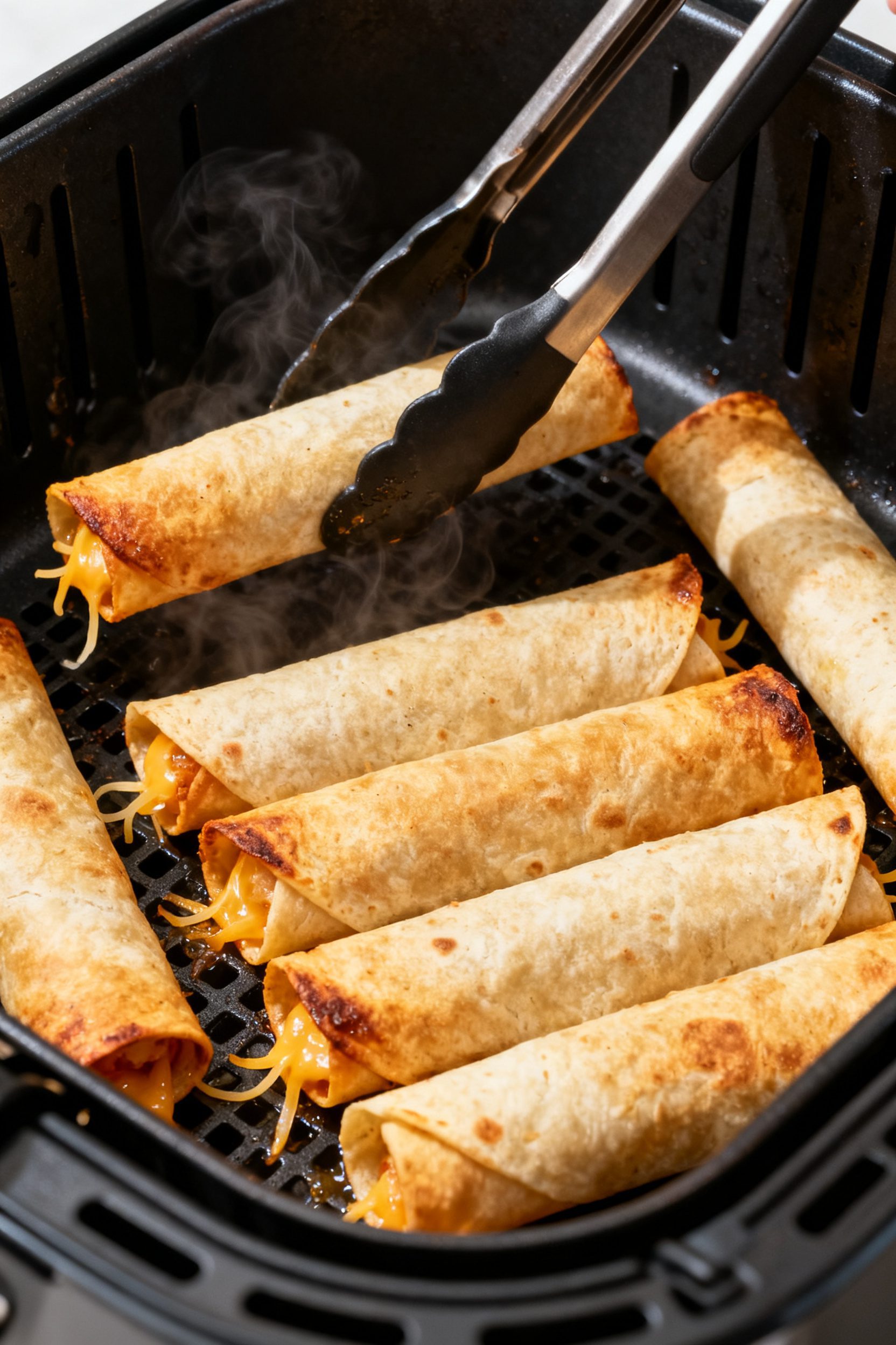 Cooking process: Mid-cook scene inside an air fryer basket showing neatly spaced taquitos being flip