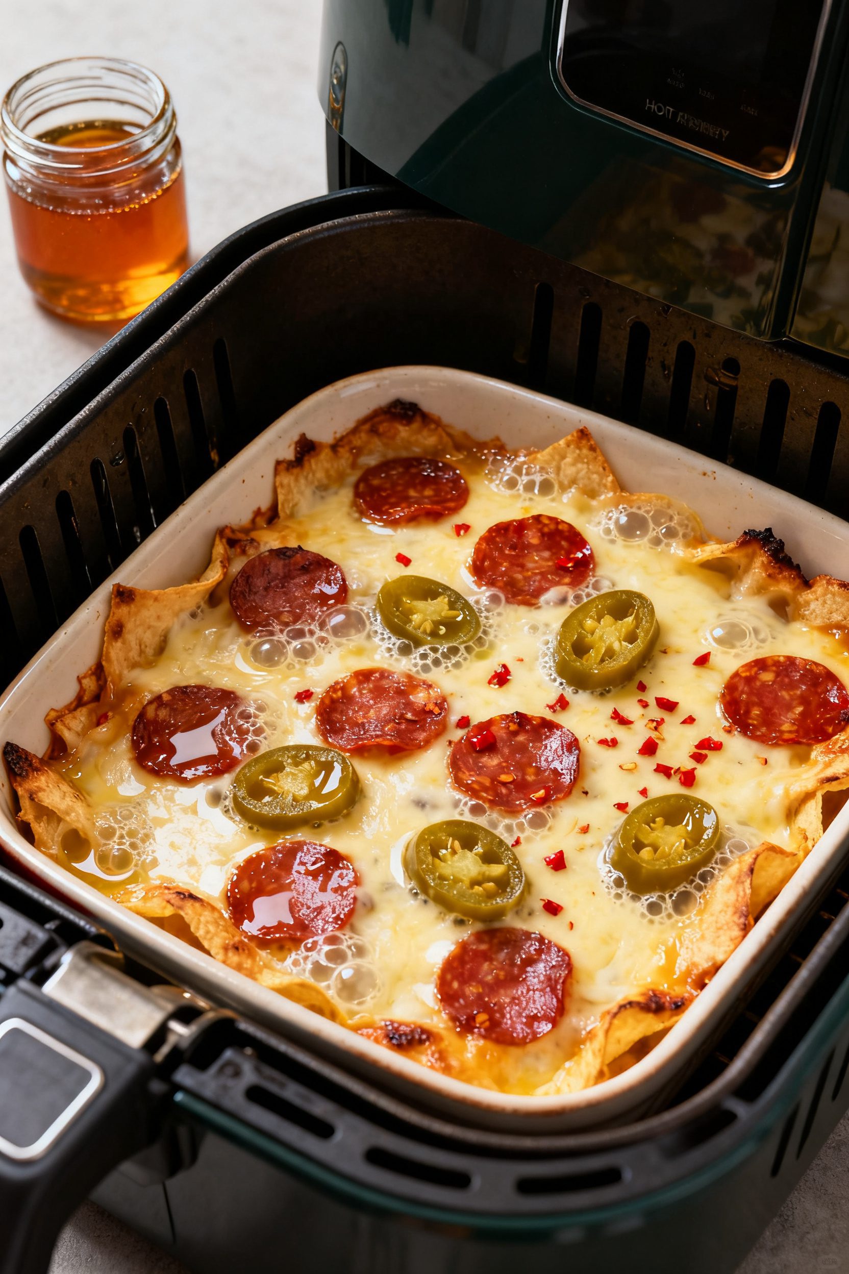 Cooking process: Mid-cook scene inside an open air fryer basket with a shallow casserole dish, chees