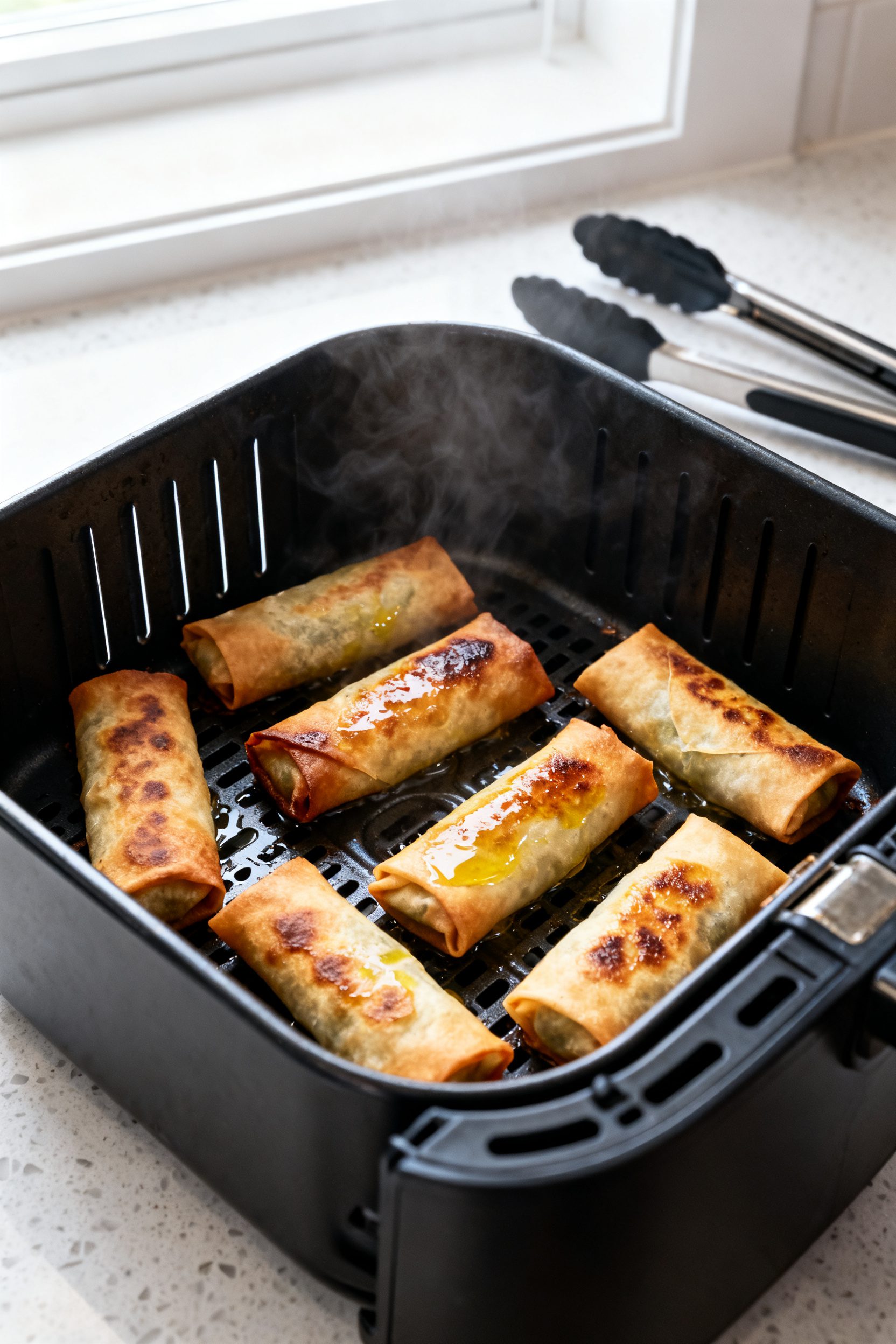 Cooking process: Mid-cook scene of egg rolls in an air fryer basket at 375°F, evenly spaced with ro