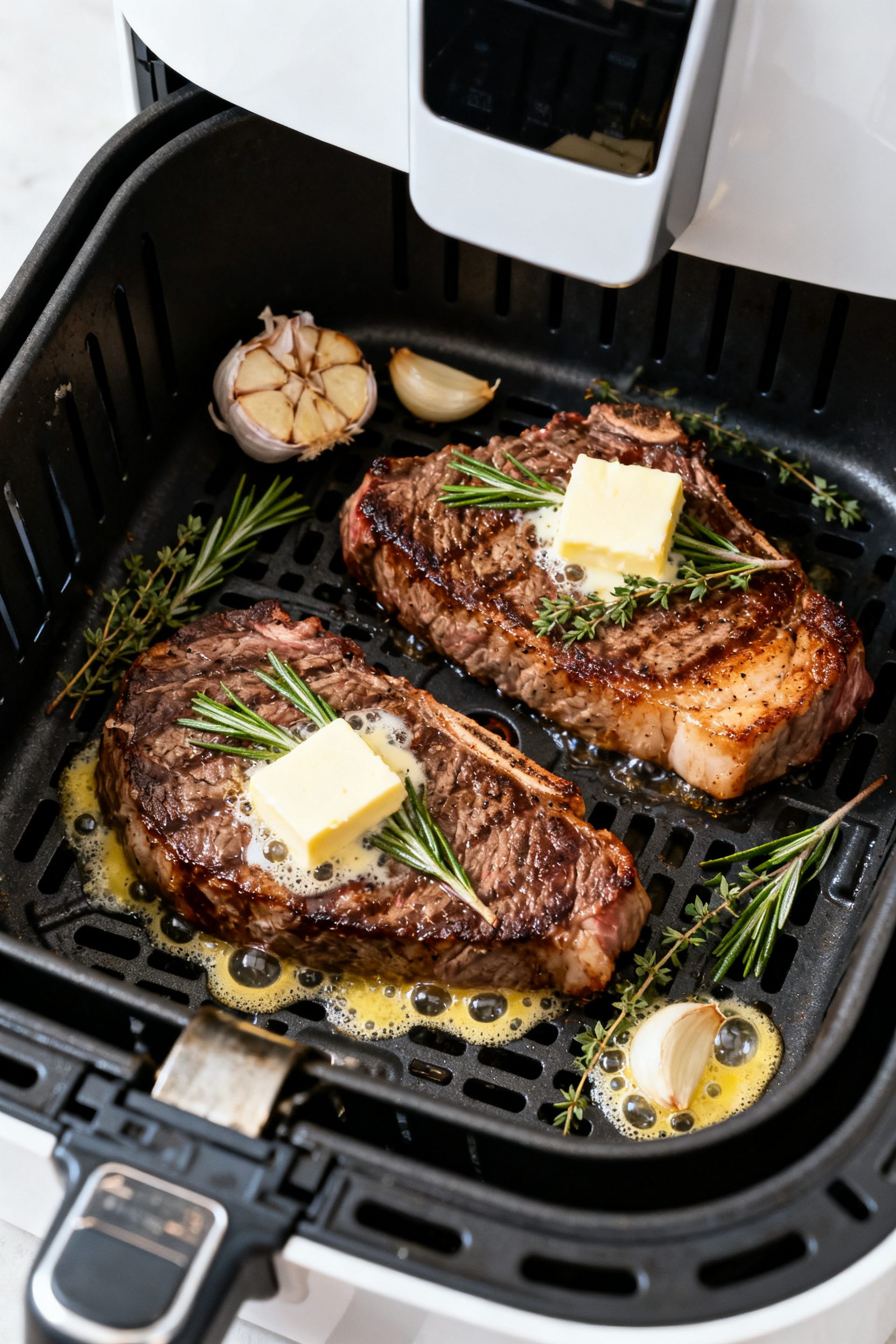 Cooking process: Overhead shot inside an open air fryer basket at 400°F, two New York strip steaks 