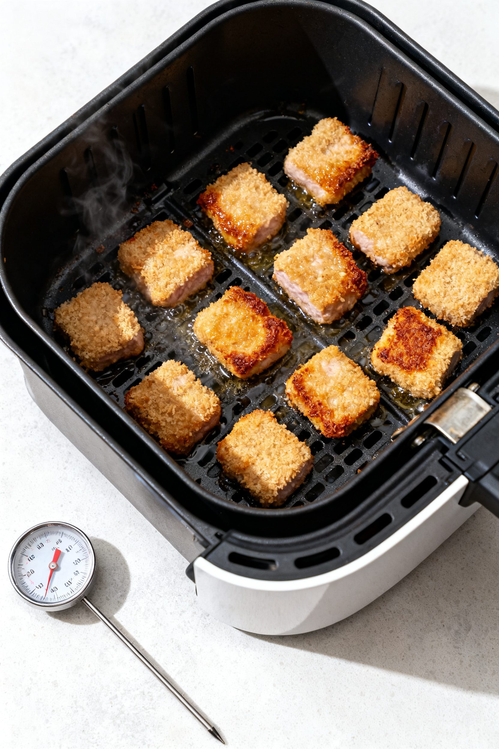 Cooking process: Overhead shot of a preheated air fryer basket at 400°F with a single layer of even
