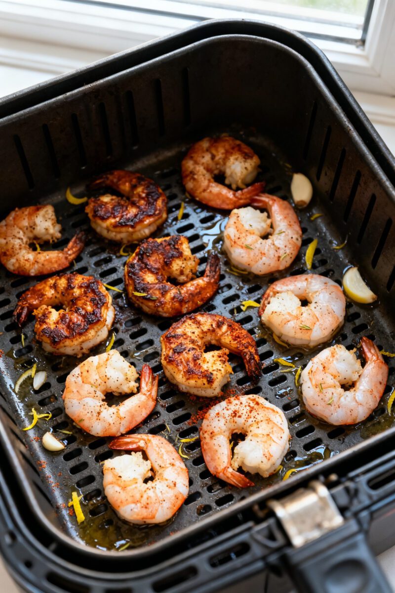 Cooking process: Overhead shot of a single-layer arrangement of seasoned shrimp mid-cook in an air f