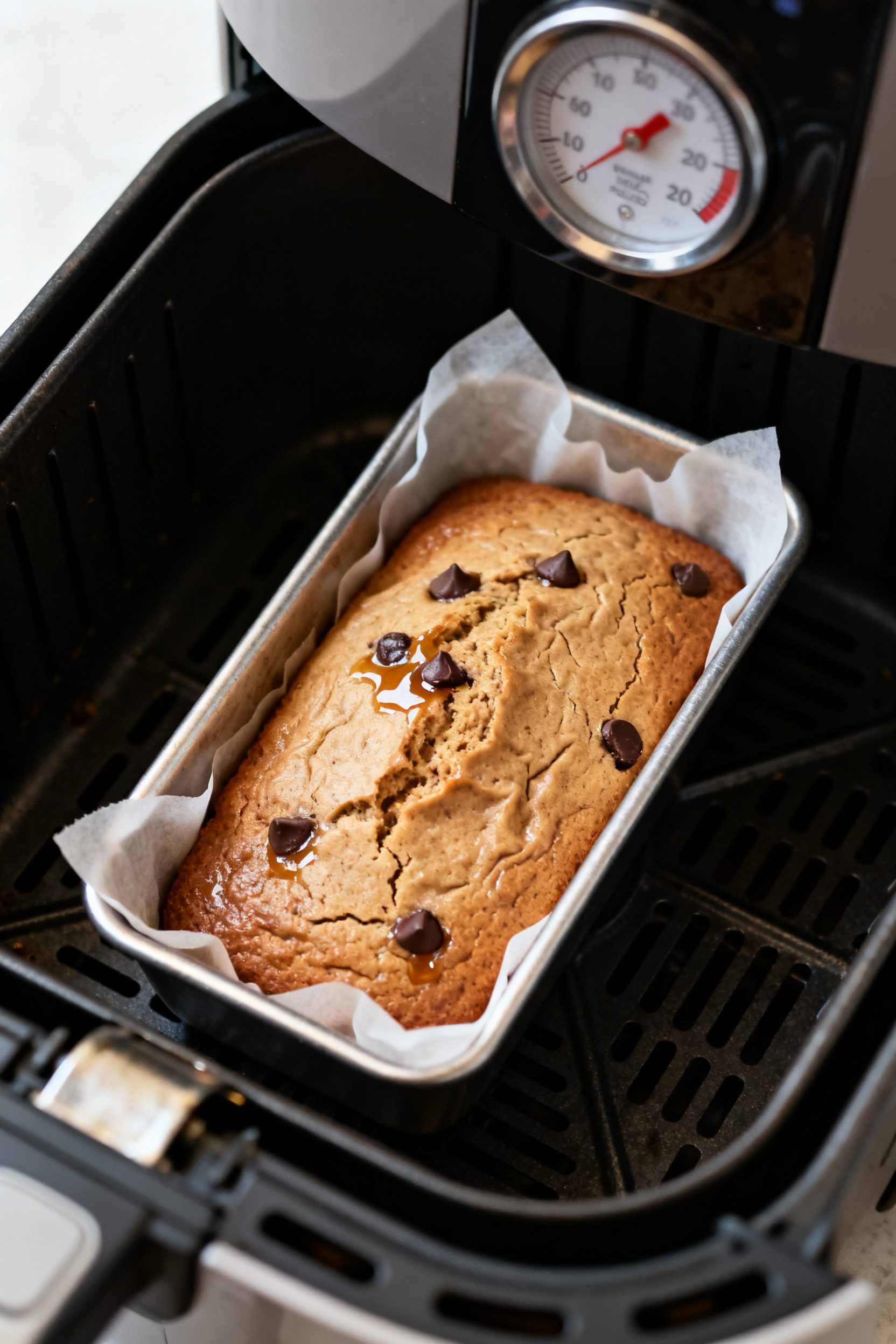 Cooking process: Overhead shot of a small parchment-lined metal loaf pan inside an air fryer basket 