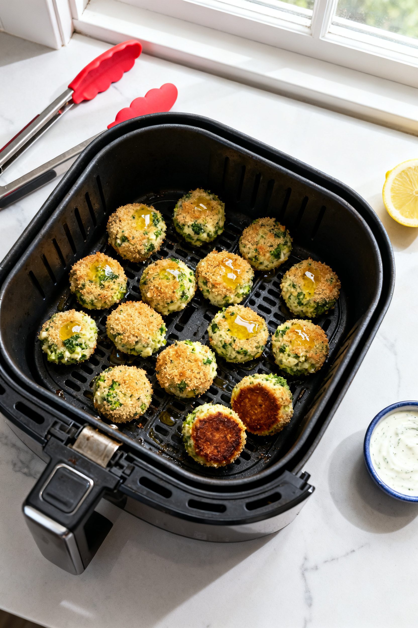 Cooking process: Overhead shot of an air fryer basket at 380°F with a single layer of evenly spaced