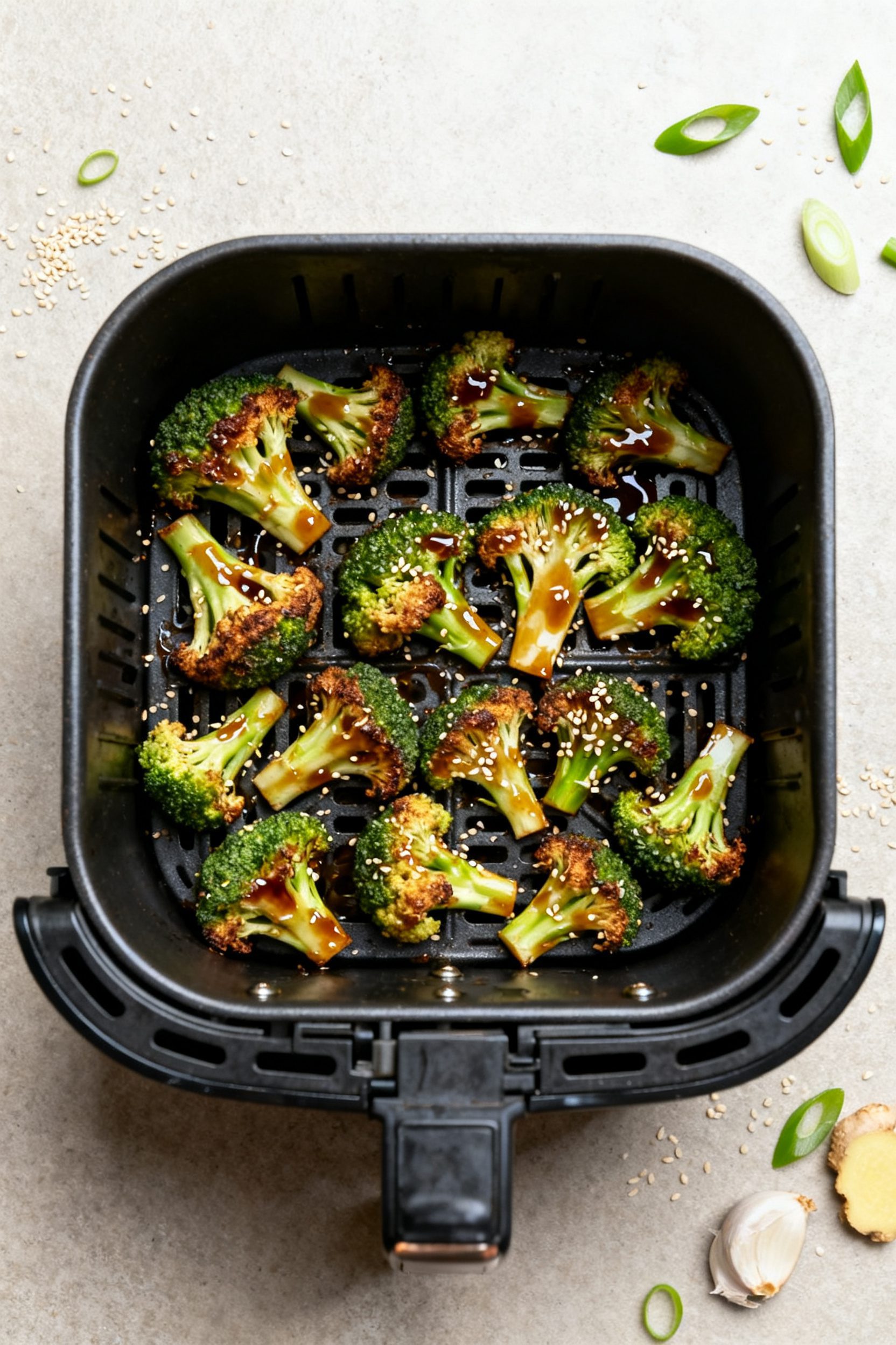 Cooking process: Overhead shot of broccoli in an open air fryer basket mid-cook during the “sauce