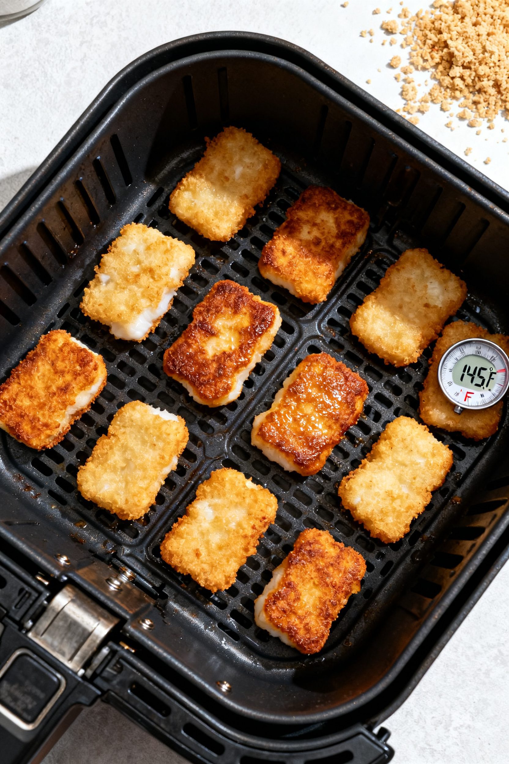 Cooking process: Overhead shot of cod nuggets mid-cook in an air fryer basket at 400°F, arranged in