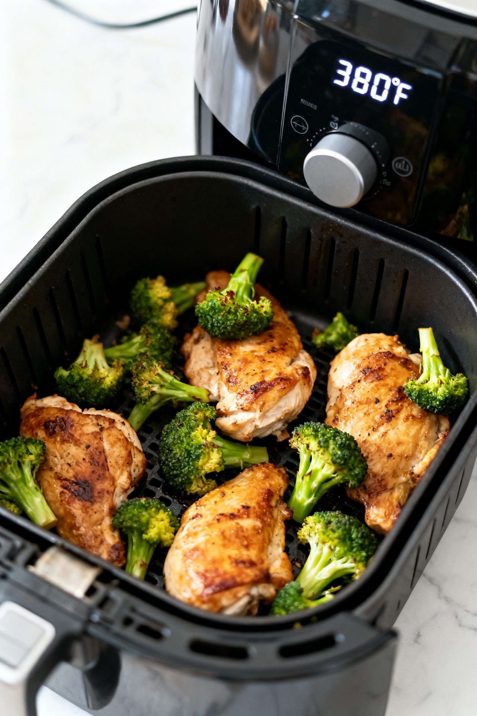 Cooking process: Overhead shot of cooked chicken pieces in an air fryer basket just after adding the