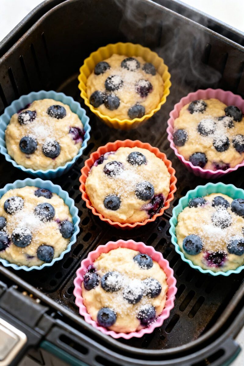 Cooking process: Overhead shot of filled silicone muffin cups spaced in an air fryer basket at 320°