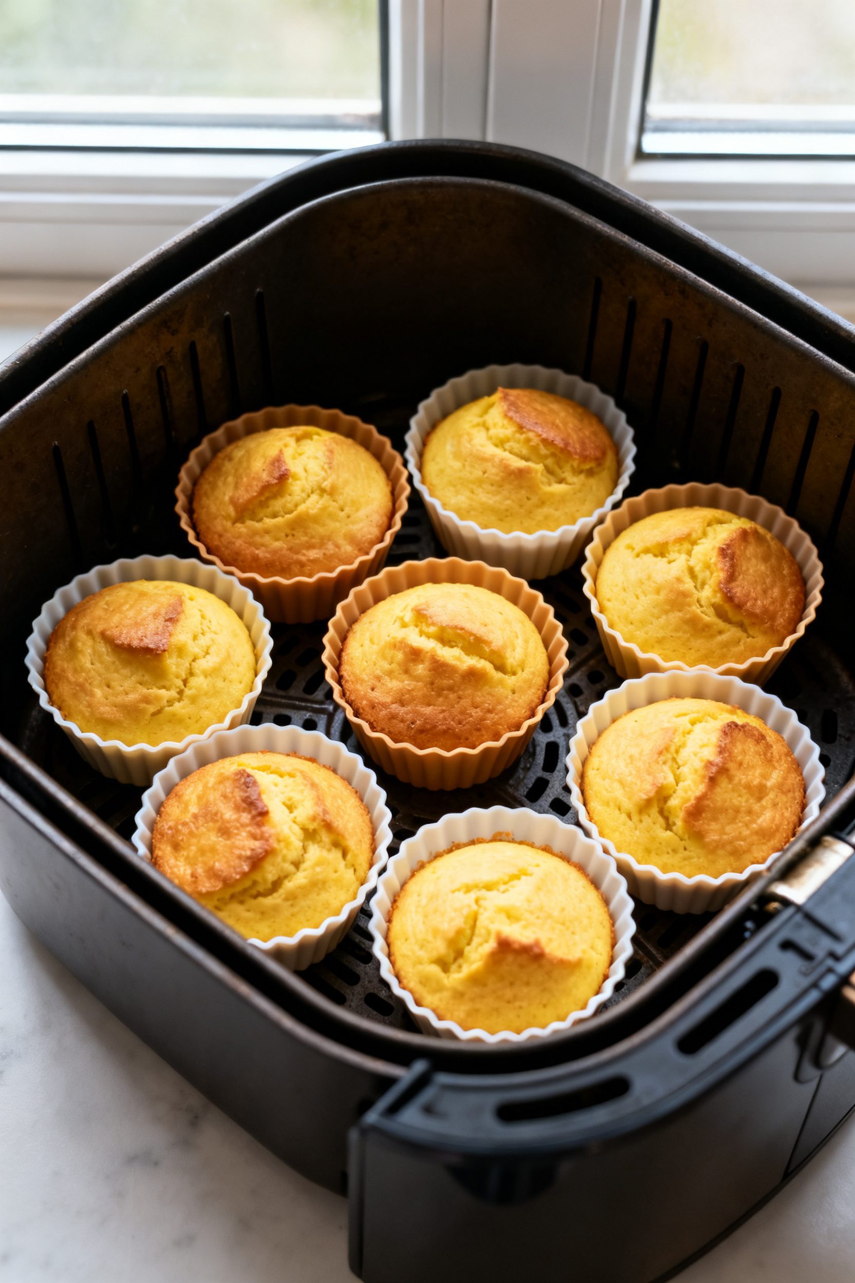 Cooking process: Overhead shot of filled silicone muffin cups arranged in a single layer inside an a