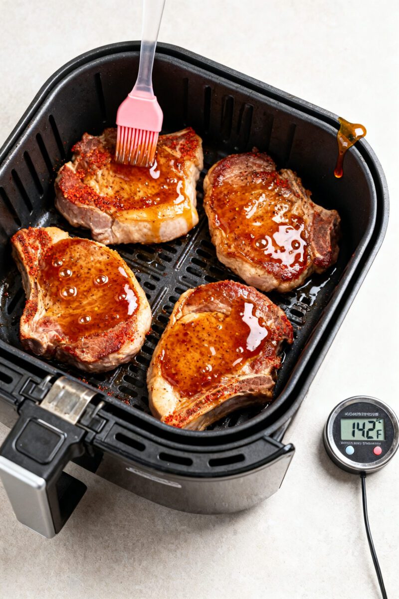 Cooking process: Overhead shot of four seasoned pork chops in an air fryer basket mid-cook after fli