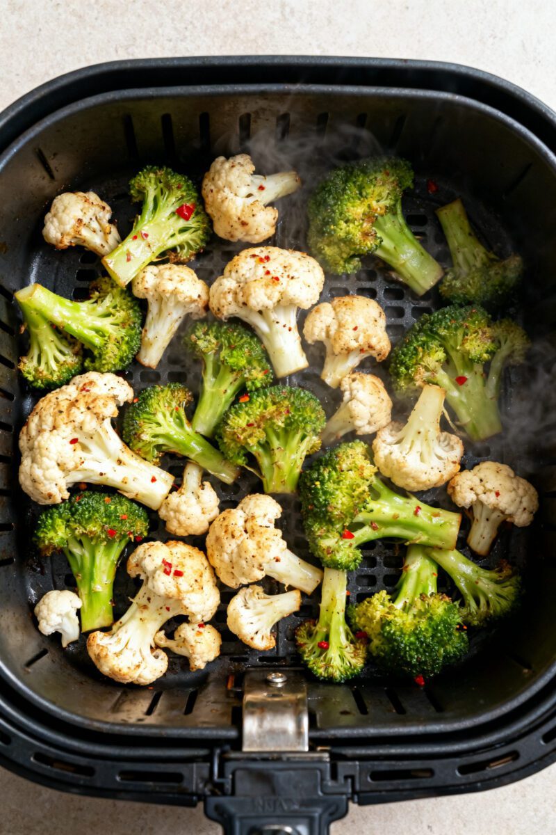Cooking process: Overhead shot of seasoned broccoli and cauliflower spread in a single layer inside