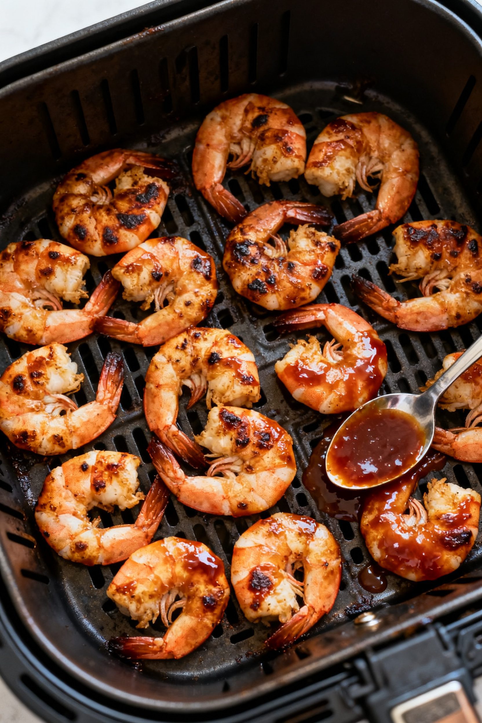 Cooking process: Overhead shot of shrimp arranged in a single layer in the preheated air fryer baske