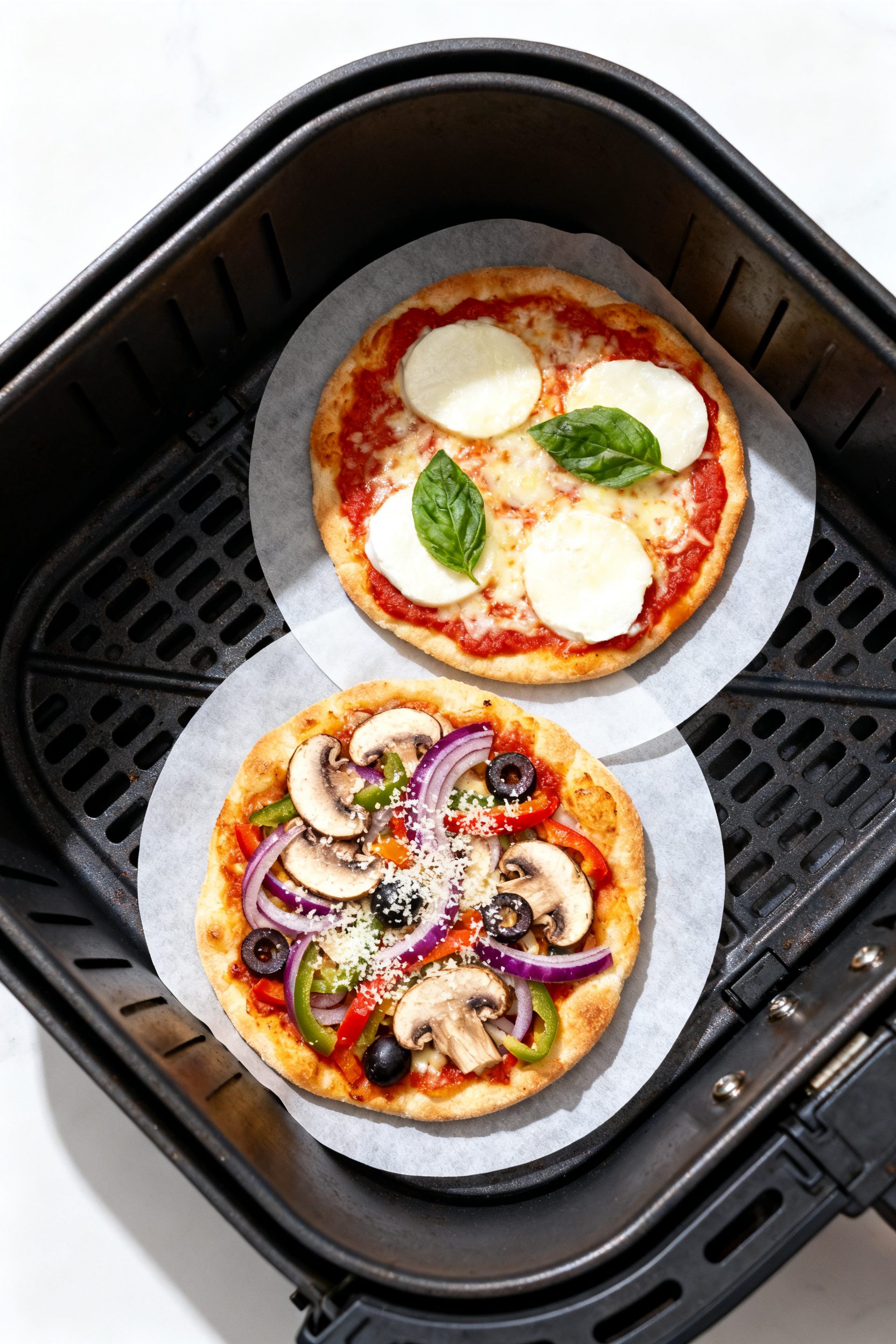 Cooking process: Overhead shot of two mini pizzas cooking in an air fryer basket lined with parchmen
