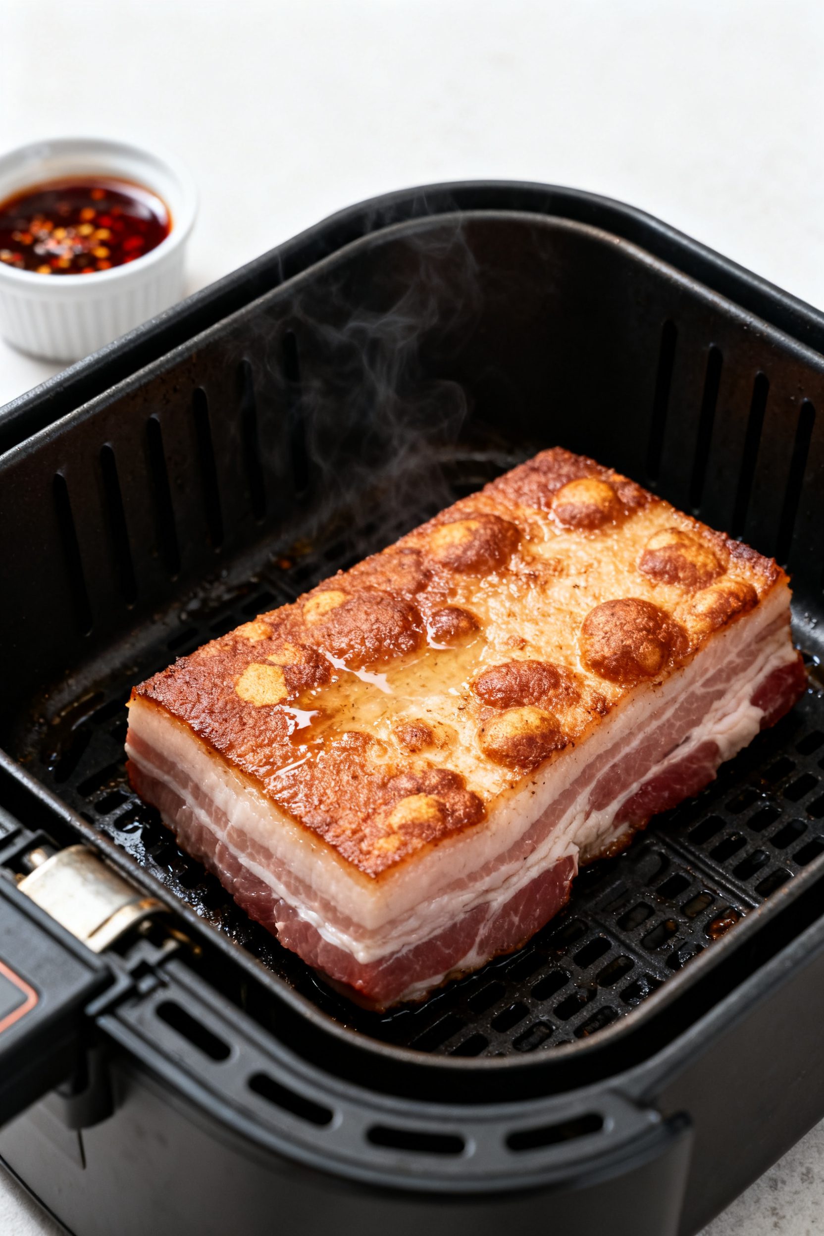 Cooking process: Pork belly slab in an air fryer basket skin-side up during the high-heat crisping p