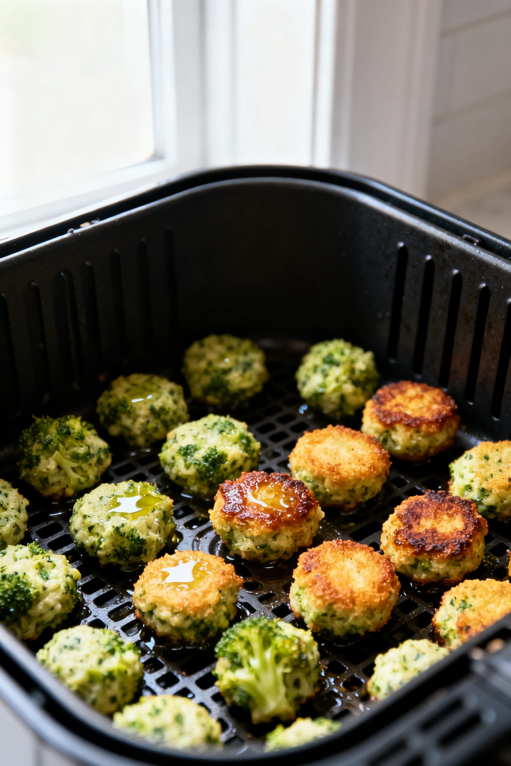 Cooking process: Shaped, packed broccoli tots arranged in a single layer in a preheated air fryer ba
