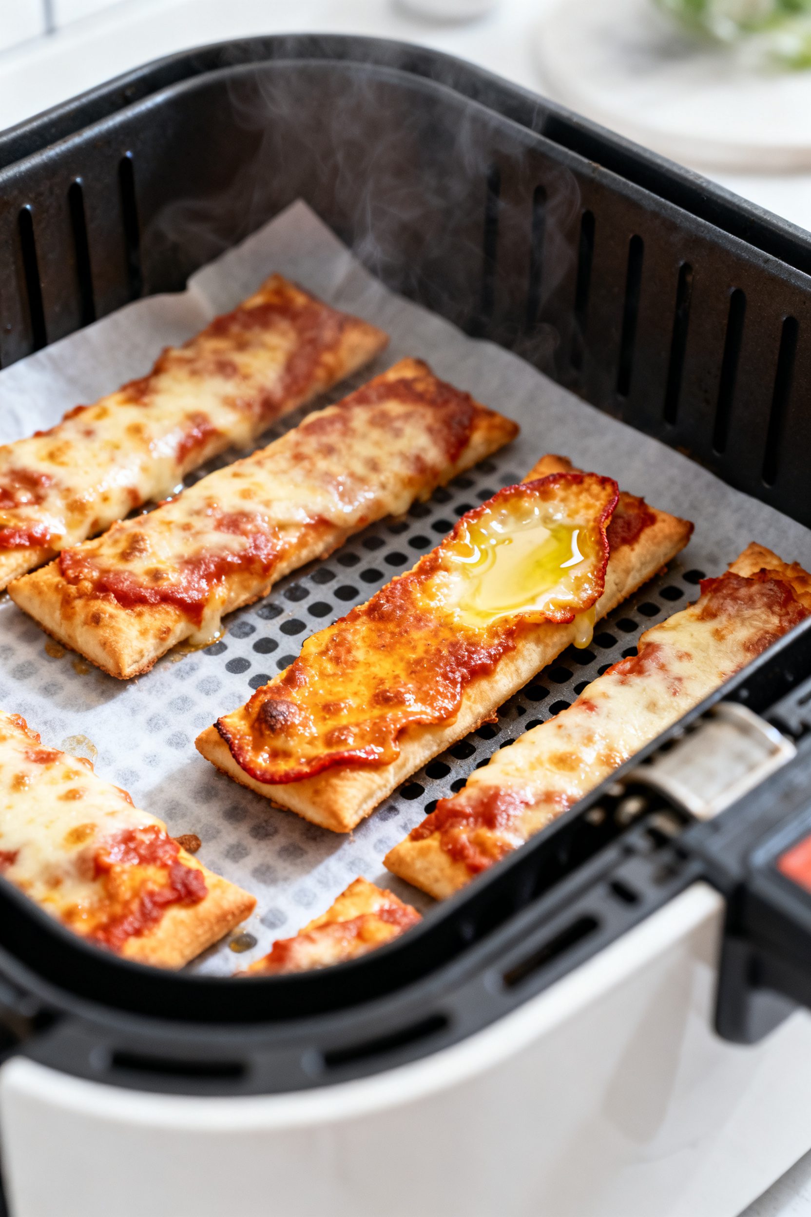 Cooking process shot inside an air fryer basket: a single layer of pizza sticks mid-cook, evenly spa