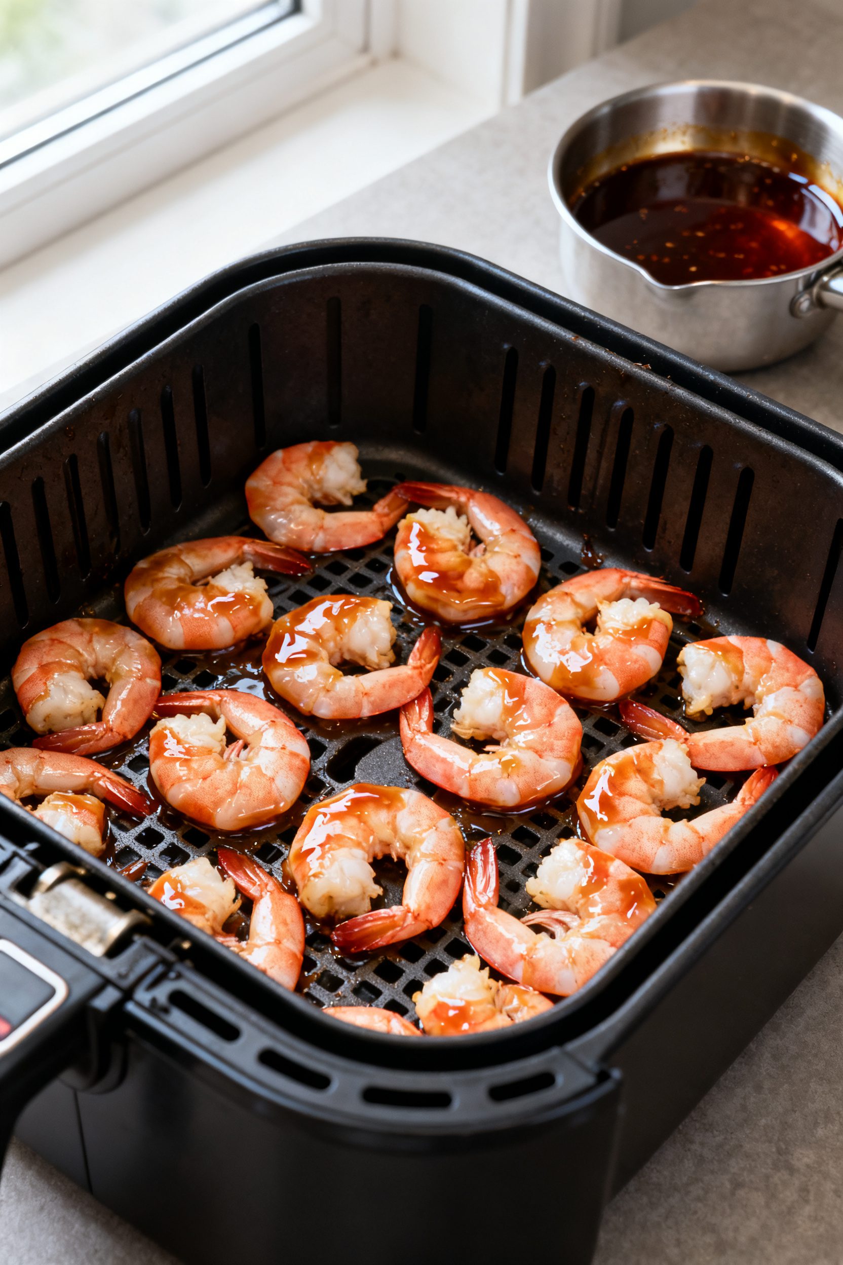 Cooking process shot: Shrimp arranged in a single even layer inside an air fryer basket at 400°F, m