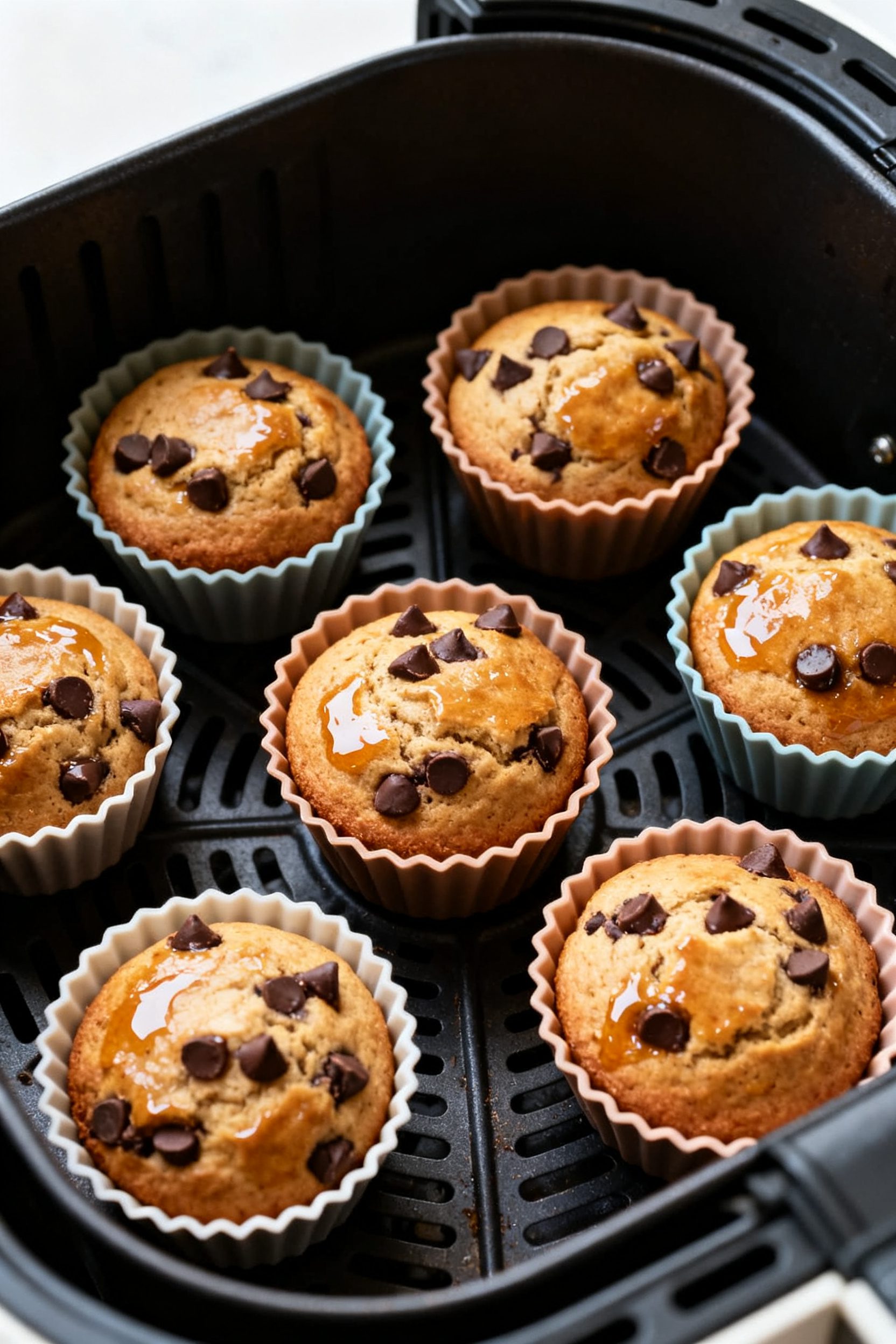 Cooking process: Silicone muffin cups arranged in an air fryer basket mid-bake at 320°F, muffins do