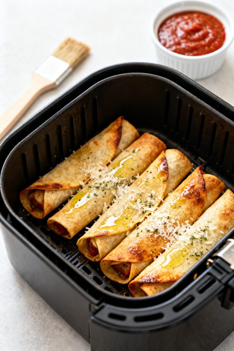 Cooking process: Taquitos arranged seam-side down in an air fryer basket mid-cook, lightly brushed w