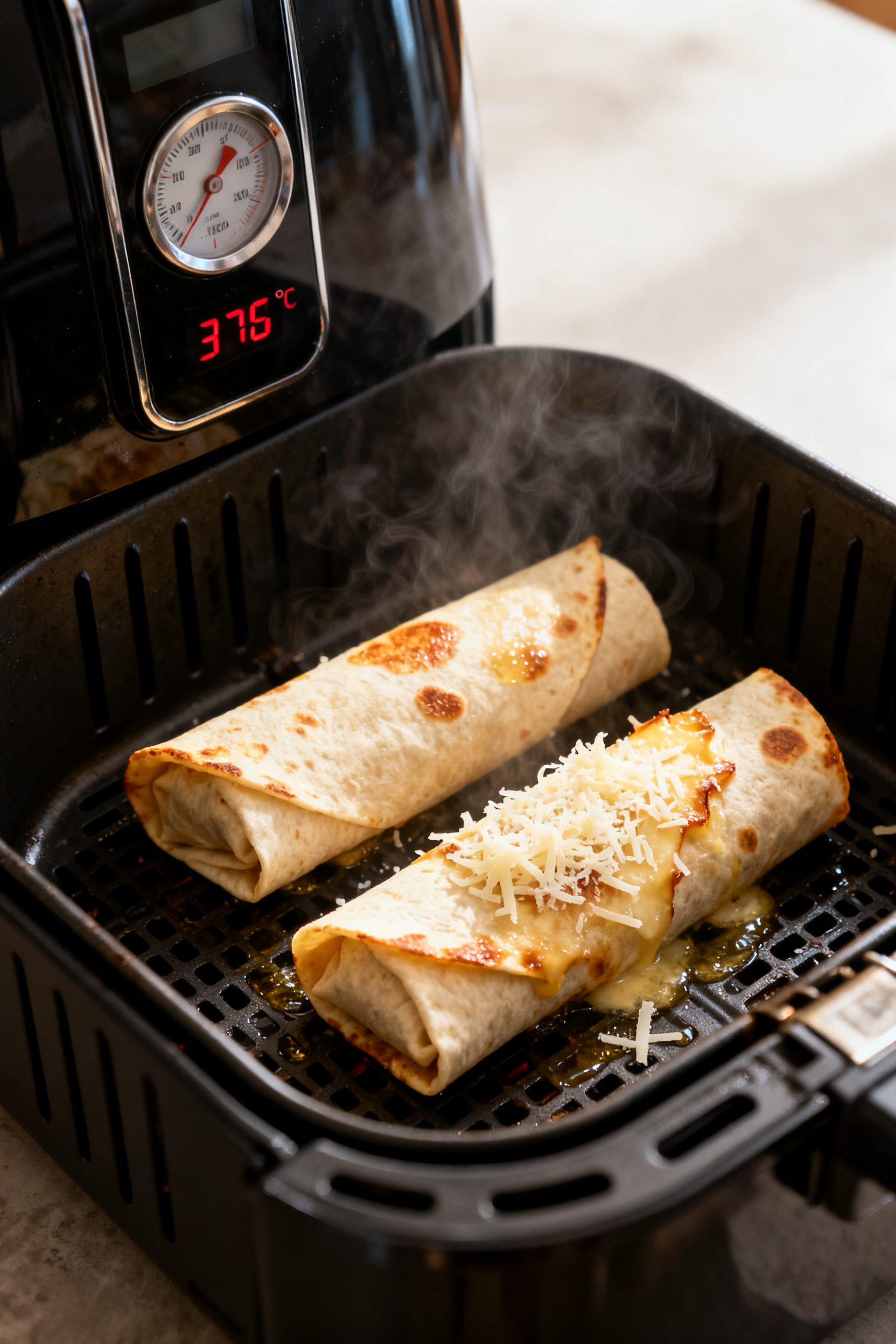 Cooking process: Wraps in the air fryer at mid-cook, turned halfway—two neatly rolled tortillas wi