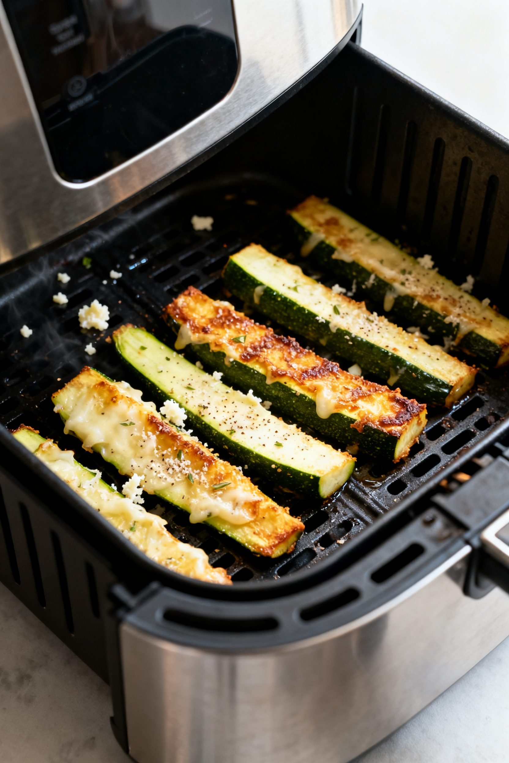 Cooking process: Zucchini “fries” arranged in a single layer inside a preheated air fryer basket