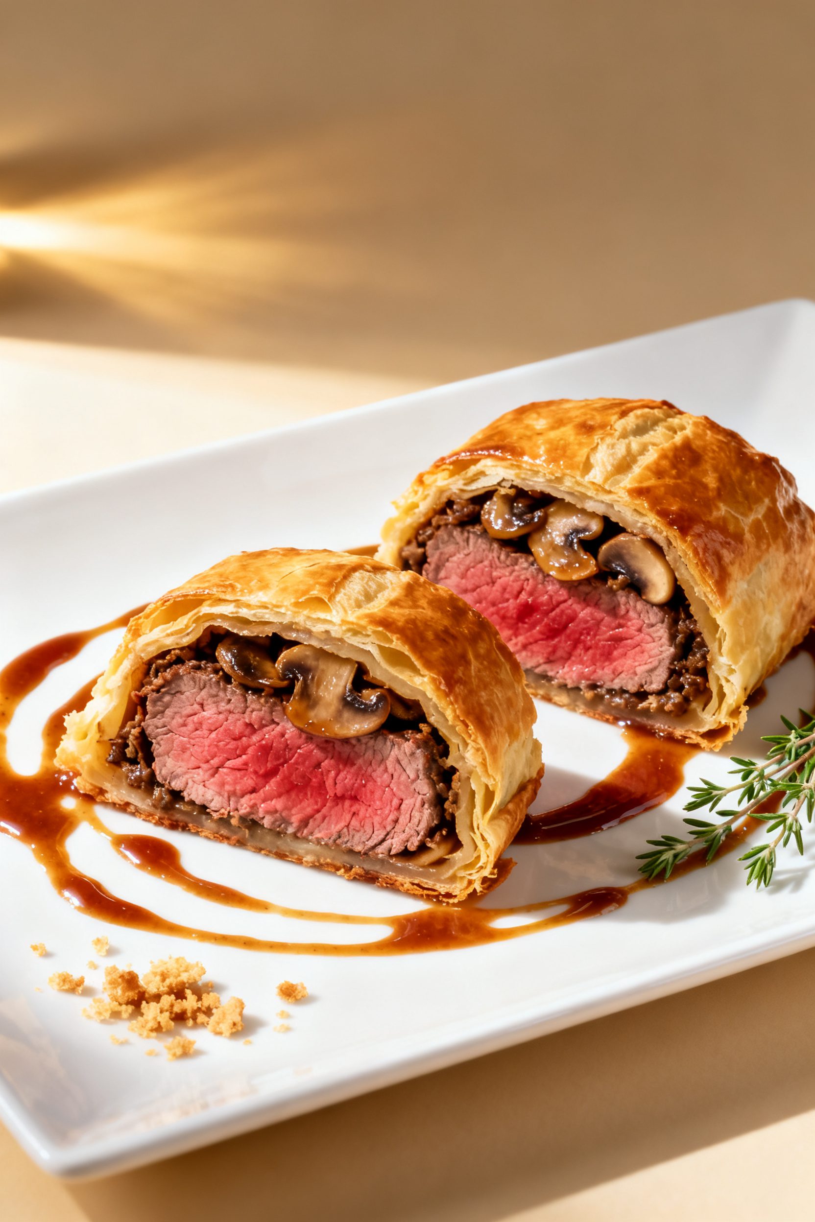 Final dish plating: Restaurant-quality presentation of Beef Wellington slices (1–