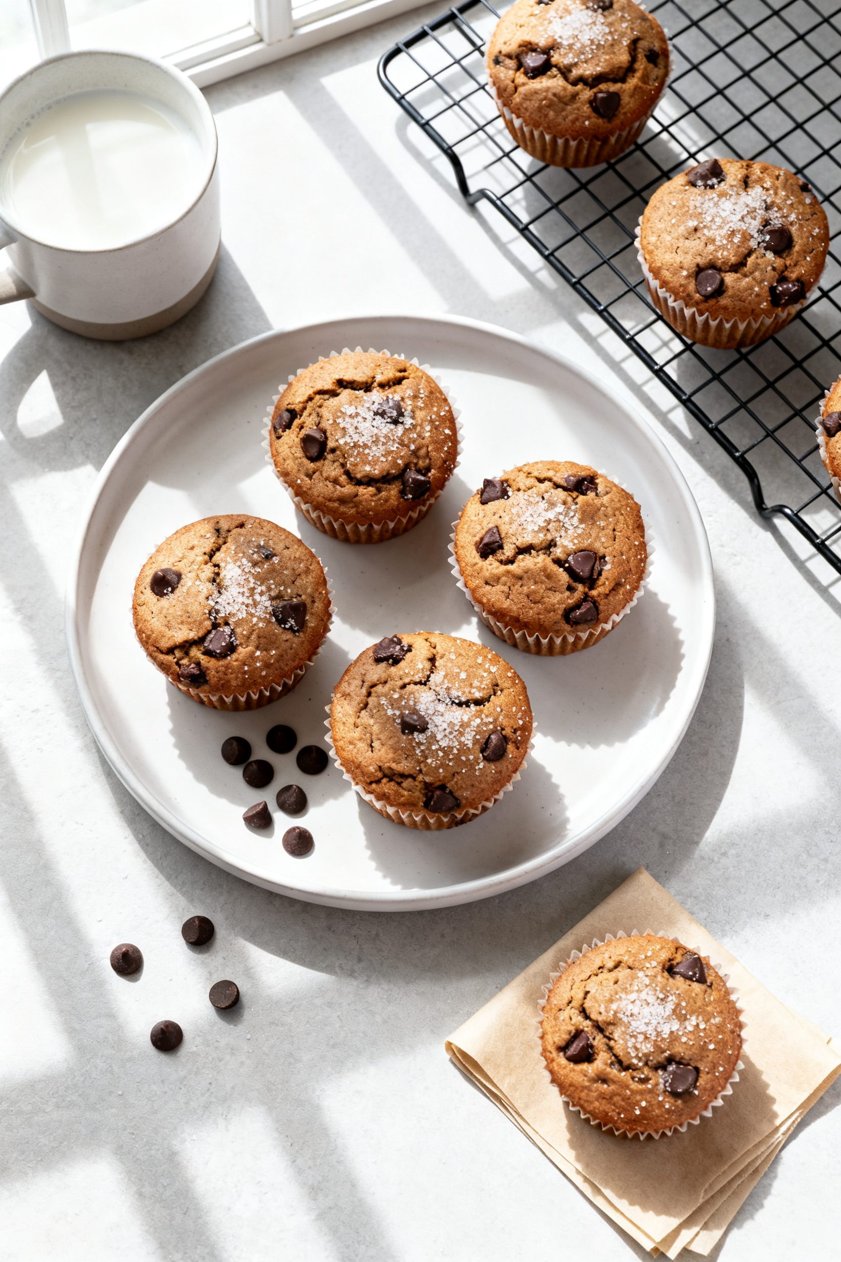 Final dish presentation: A small-batch of 6 chocolate chip muffins on a matte white plate and coolin